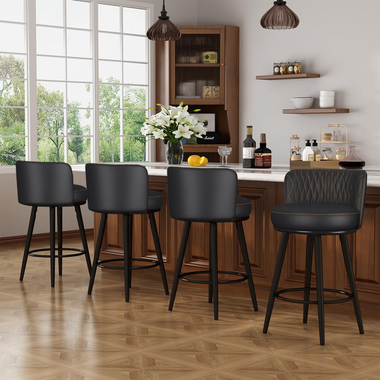 HONIFUR Bar Stools Set of 2, 27 Inch Barstools with Sturdy Legs, Leather Farmhouse Counter Height Bar Stool for Kitchen, Dining, Bar (Swivel, Black, Leather) HONIFUR
