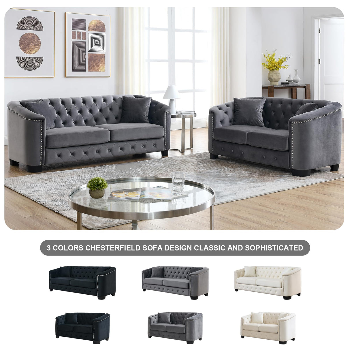 BUIORD 2 Piece Modern Chesterfield Velvet 77" 3-Seater+59" Loveseat Sofa Set, Upholstered Tufted Backrests with Nailhead Arms and 4 Cushions for Living Room, Bedroom, Apartment Grey BUIORD