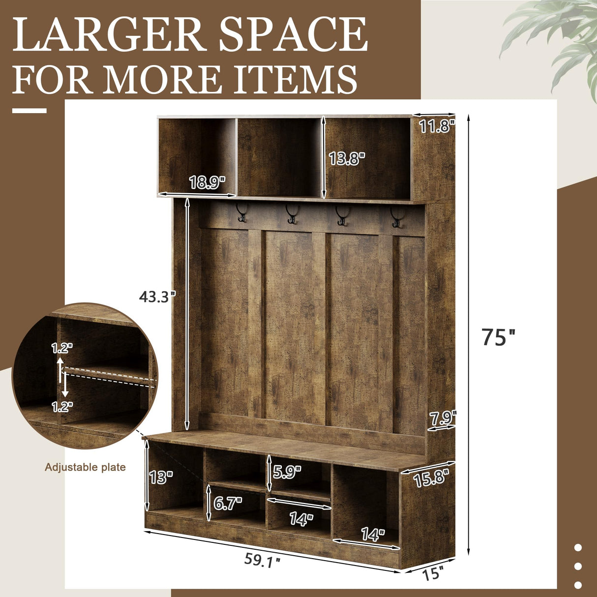 Apeaka Hall Tree with Bench and Storage, Farmhouse 75" H Tall Hall Tree Wood Entryway Shoe Bench with Coat Rack and Storage Shelves for Mudroom, Rustic Brown Apeaka