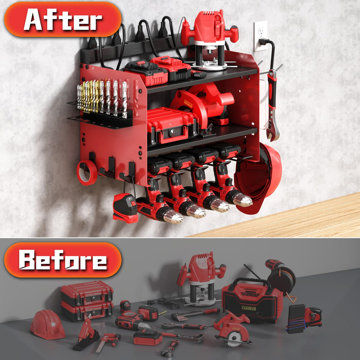 Wide Power Tool Organizer Wall Mount with Charging Station,3 Layer Adjustable Heavy Duty Tool Storage Rack 4 Drills with 8 Outlet Power Strip,Hooks,Screwdriver box,Garage Gifts for Fathers Day,Red CFMASTER