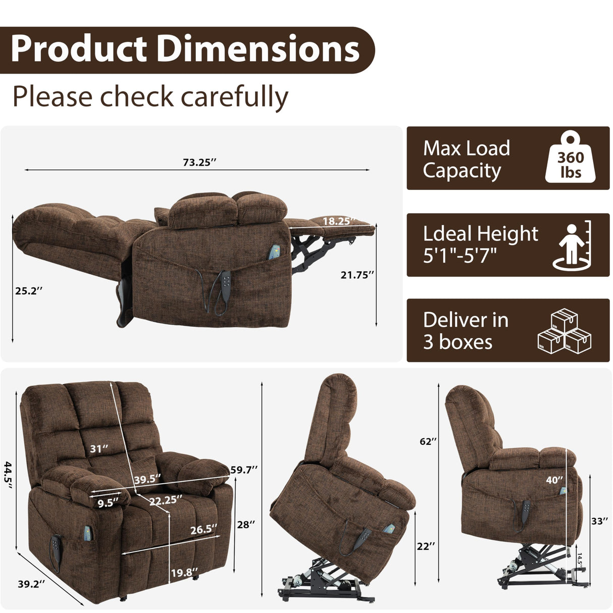 JIKFRIMA Oversized Zero Gravity Power Lift Recliner Chair for Elderly Adults Big Man Electric Lay Flat Recliner Triple Motor with Heat and Massage, Adjustable Seat Height, Arm Storage, Cup Holder JIKFRIMA