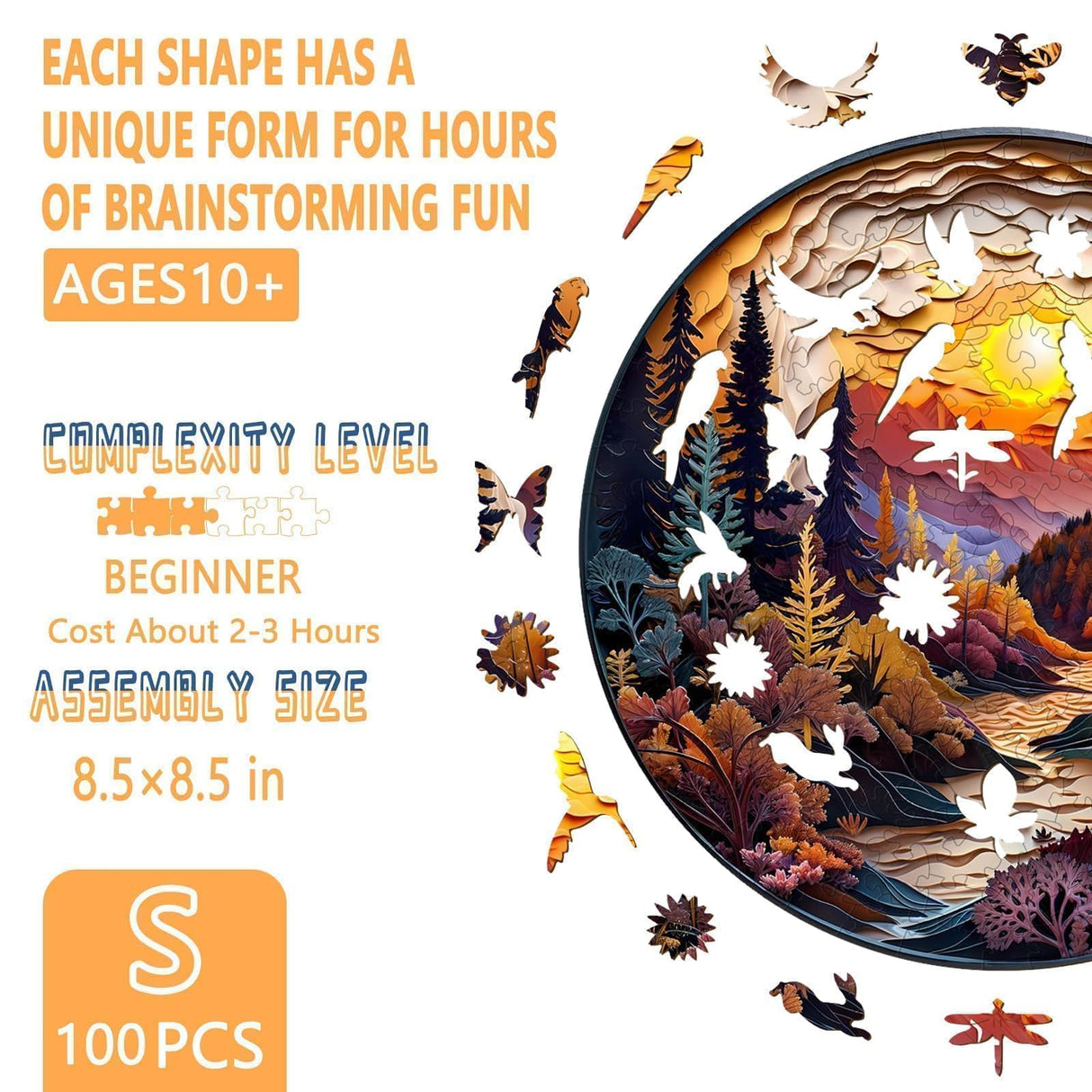 Wooden Puzzles for Adults - Flat Puzzle with 3D Visual Effect Sunset Forest Puzzle, Unique Shape Wooden Jigsaw Puzzles, Wood Puzzles Adult, Fall Puzzle Good Gift Idea (S-8.5 * 8.5in - 100 Pieces) Pijesaksa