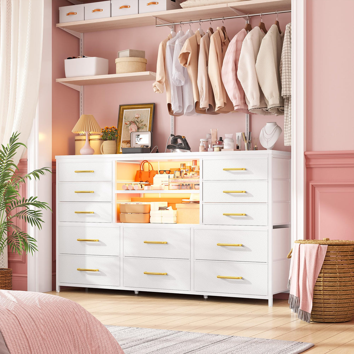 EnHomee White Dresser for Bedroom with 12 Drawers, Fabric Bedroom Dresser with LED Lights & Power Outlets Long Dressers & Chest of Drawers, Sturdy Dresser for Closet, Living Room, Hallway EnHomee