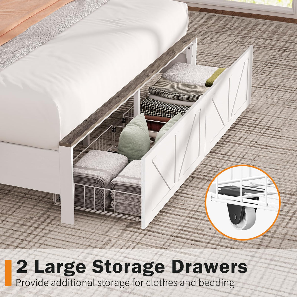 Yoobure Full Size Bed Frame with Headboard, Full Bed Frame with Charging Station, LED Beds with 2 Storage Drawers, Wood Farmhouse Bedframe, Noise-Free and No Box Spring Needed, White Yoobure