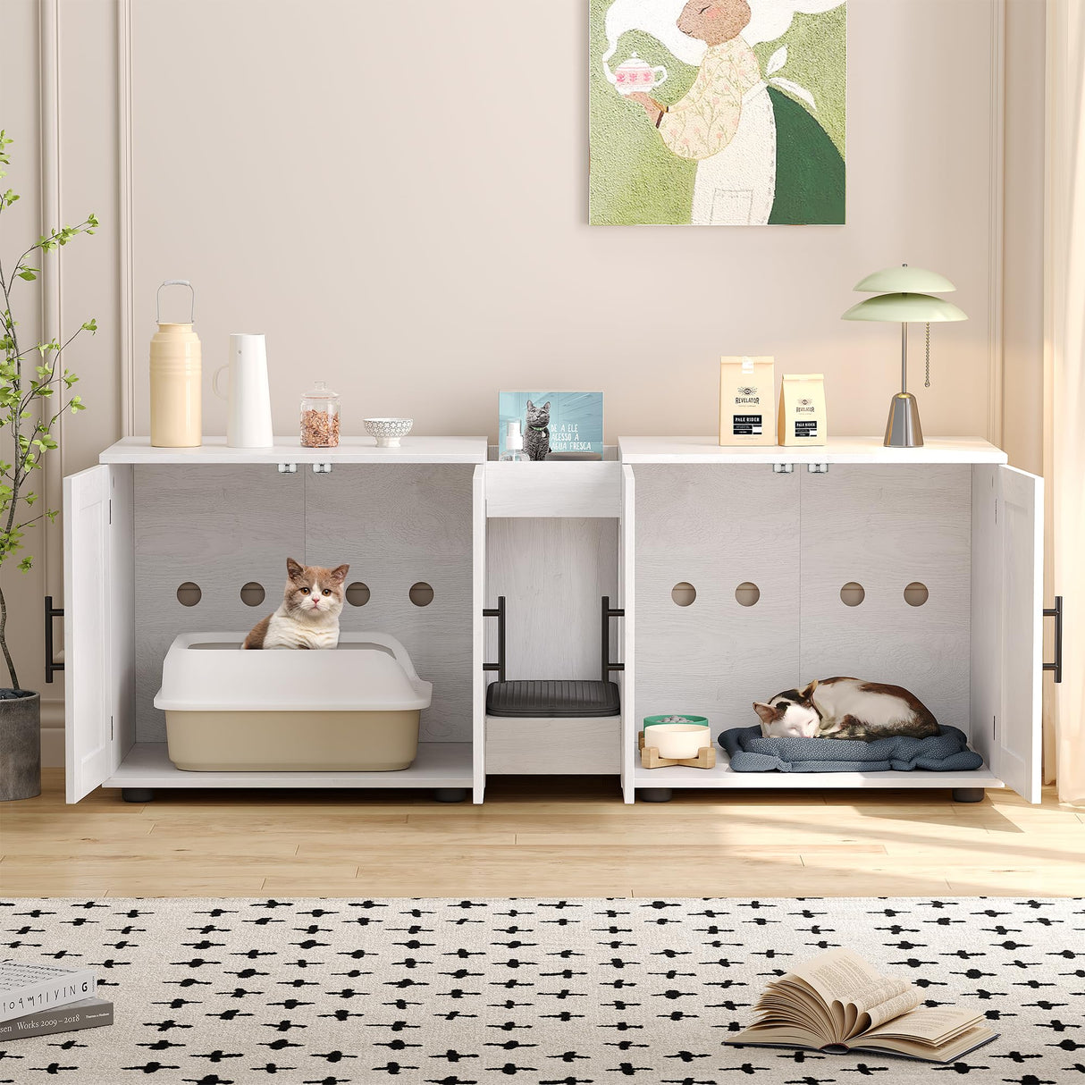 Gaomon Litter Box Enclosure with Double Cage, Cat House,Hidden Litter Box Enclosure Furniture for 2 Cats, Wooden Enclosed Cat Litter Box Furniture,55”L x 17.7”W x 22.5”H,White GAOMON
