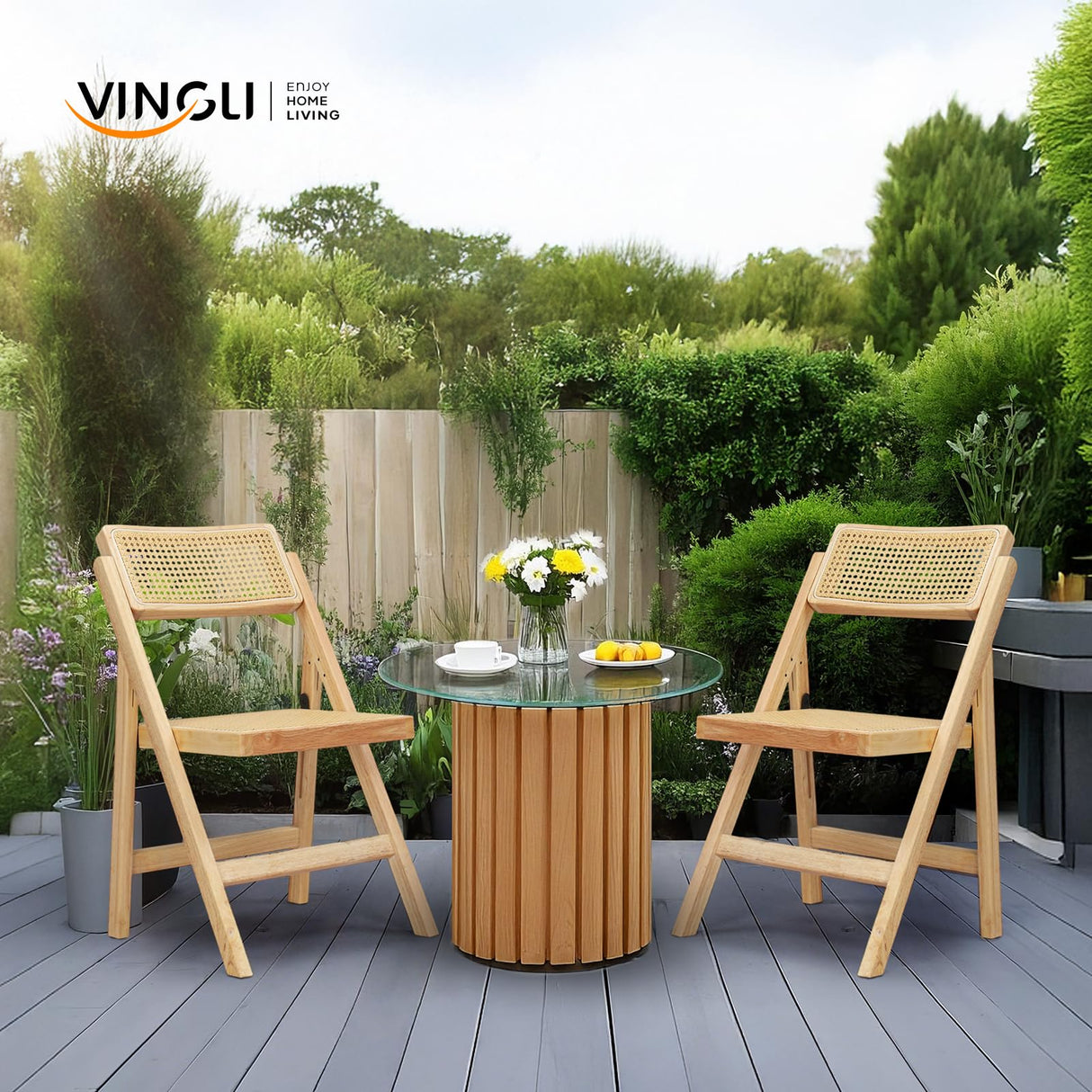 VINGLI Rattan Dining Chair, Wood Folding Chair with 360° Swivel Backrest, Rubberwood Frame and Rattan Woven Seat and Back, Natural Color, Set of 2 VINGLI