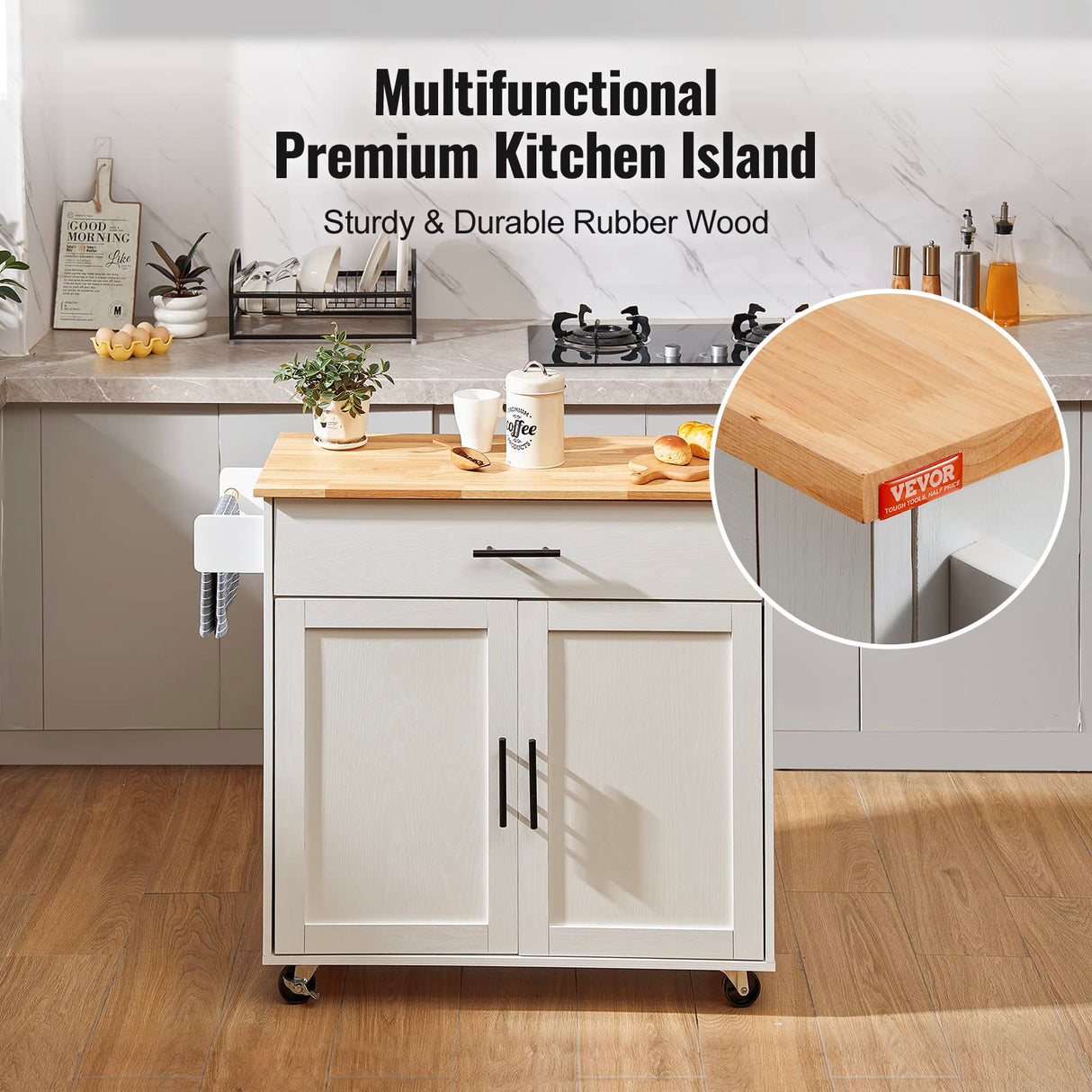 VEVOR Kitchen Island Cart with Solid Wood Top, 35.4" Width Mobile Carts with Storage Cabinet, Rolling Kitchen Table with Spice Rack, Towel Rack, Drop Leaf and Drawer, Portable Islands on Wheels, White VEVOR