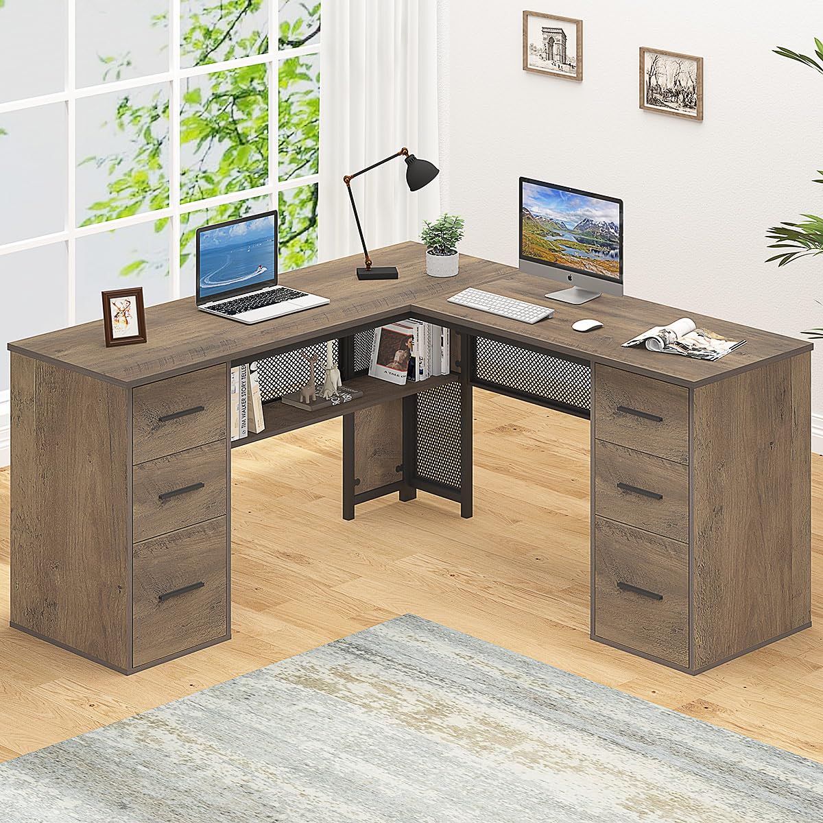 HSH Large L Shaped Home Office Desk with Drawers, Rustic L-shaped Computer Desk with Storage File Cabinet Shelves, Corner Reversible Metal Wood Executive Work Study Writing Table, 59 Inch Bedroom Desk HSH