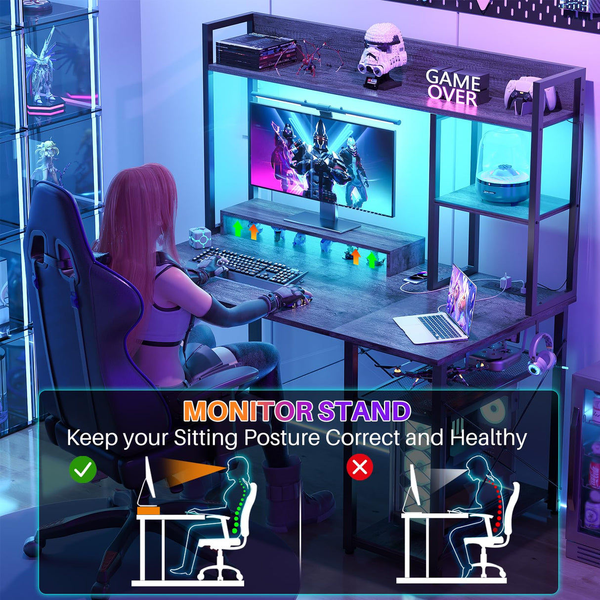 Cyclysio Gaming Desk with Hutch, 39'' Computer Desk with LED Lights & Power Outlets, Home Office Desk with Reversible 5 Tiers Storage Shelves & Monitor Stand, Small Gaming Table for Small Space, Grey Cyclysio