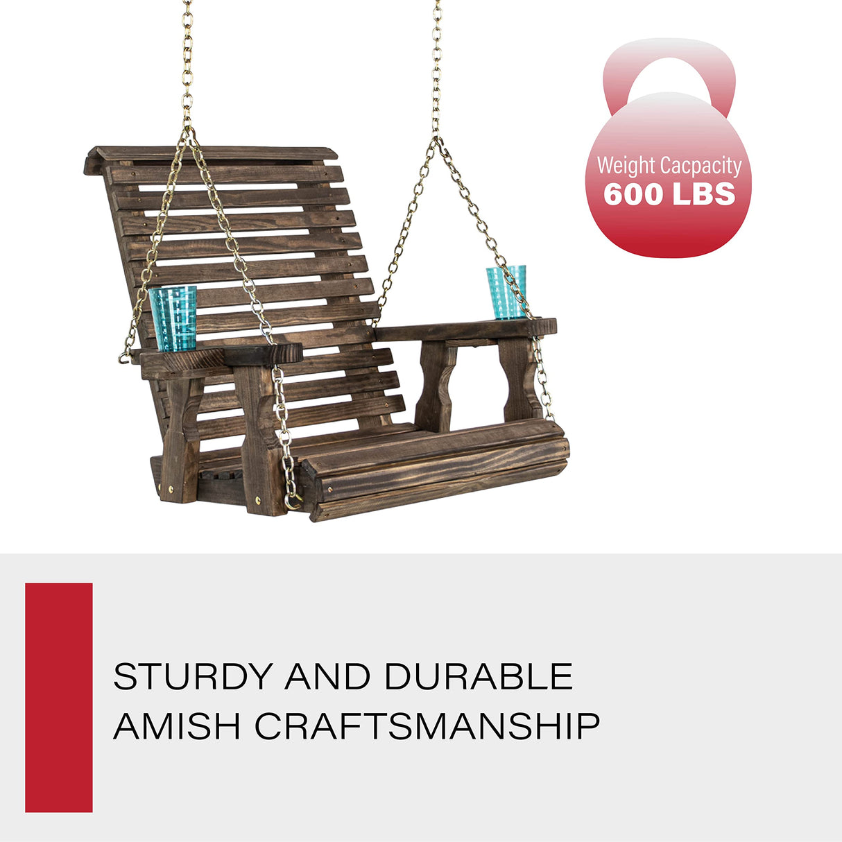 Amish Casual Heavy Duty Roll Back Pressure Treated Swing Chair with Cupholders (Dark Walnut Stain) Amish Casual