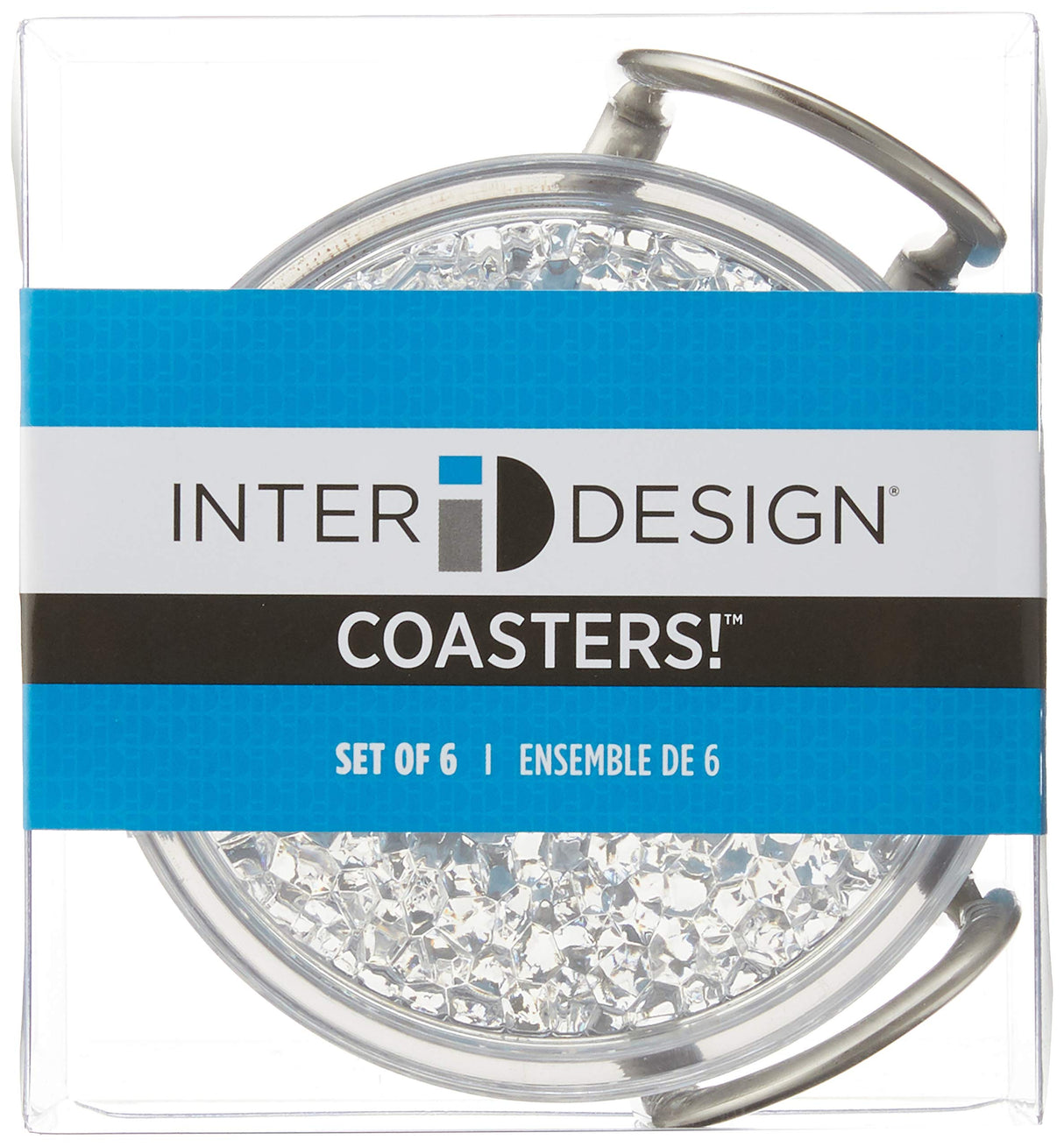 iDesign Rain Stainless Steel Drink Coasters with Holder for Home Counters, Kitchen, Dining Room, Living Room, Patio, Coffee Table, Set of 6, Clear InterDesign