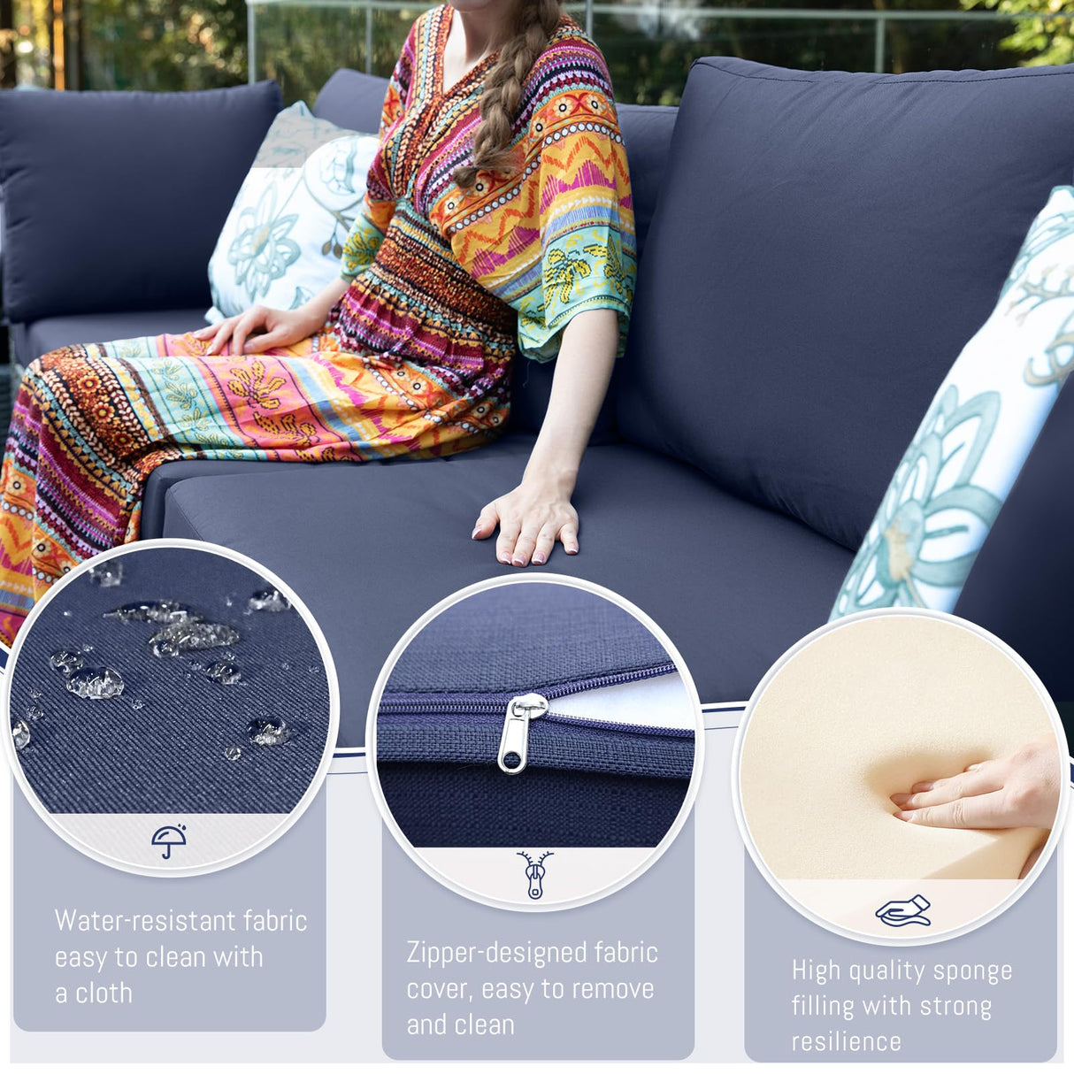 BULEXYARD 13 Piece High Back Outdoor Furniture Sets with Fire Pit, Luxury Patio Sectional Couch Sofa 12-Seater Modular, Comfortable Extra Large Wide Deep Backyard Seating Conversation Set, Grey & Blue BULEXYARD