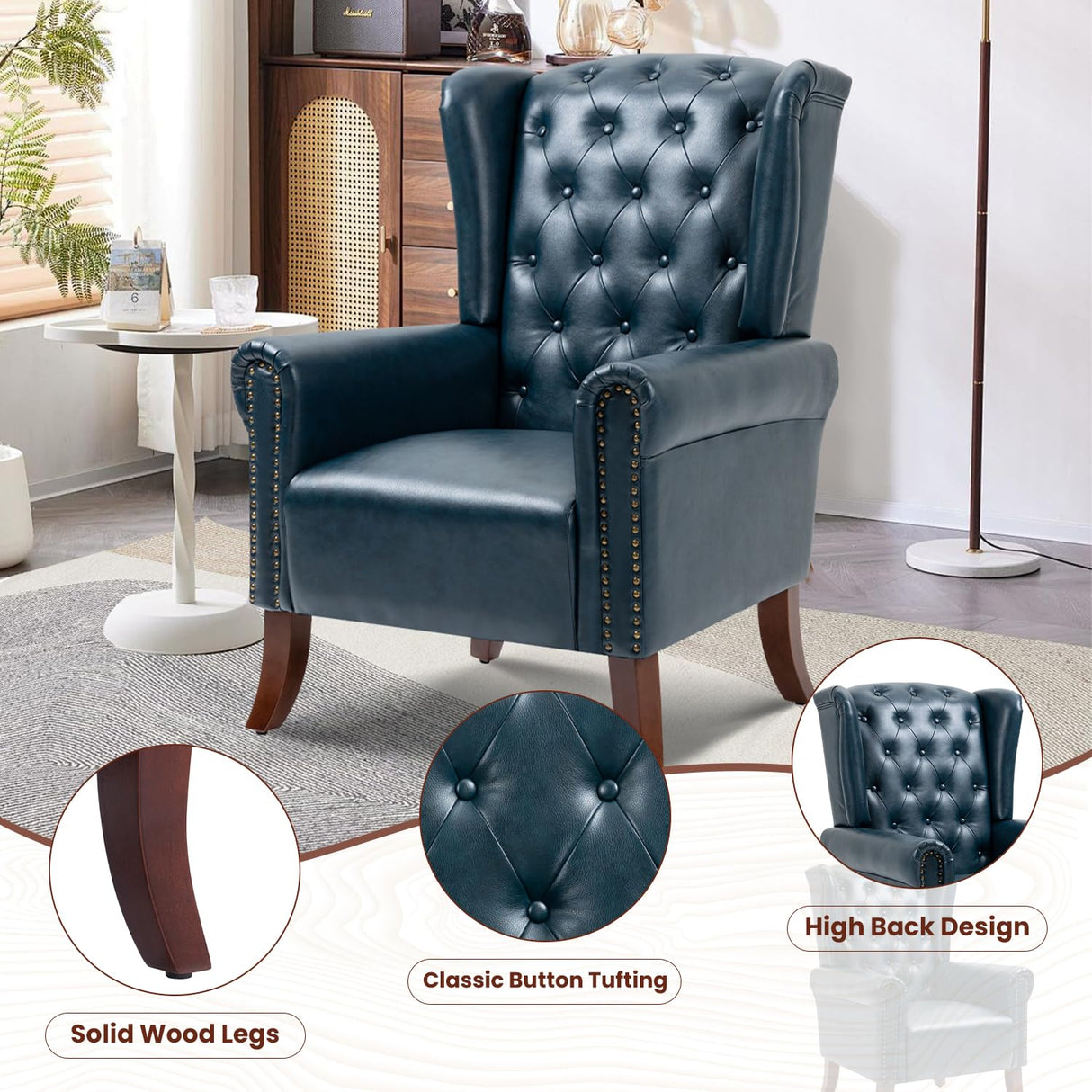 LOVSPATIO PU Leather Accent Chair Set of 2, Modern Upholstered Living Room Chair Sofa Chair with Wooden Legs, Wingback Armchair Club Chair for Bedroom,Study Room, Lounge (Dark Blue) LOVSPATIO