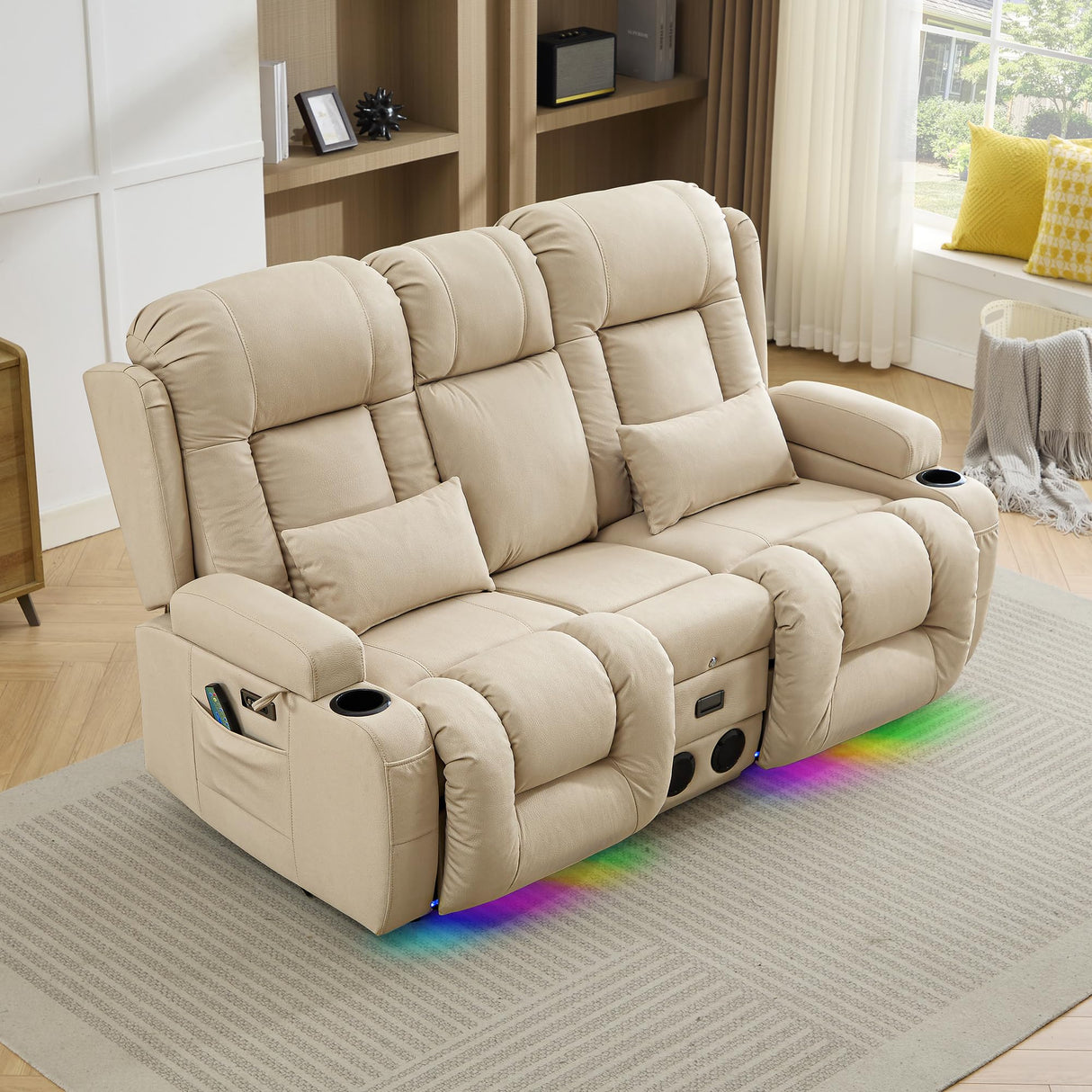 TUNYI Wall Hugger Power Loveseat Recliner - Reclining Loveseat with Console Theater Seating RV Recliner Sofa with USB/Outlet/Speaker/Cup Holder/LED Light/Storage (Beige) TUNYI