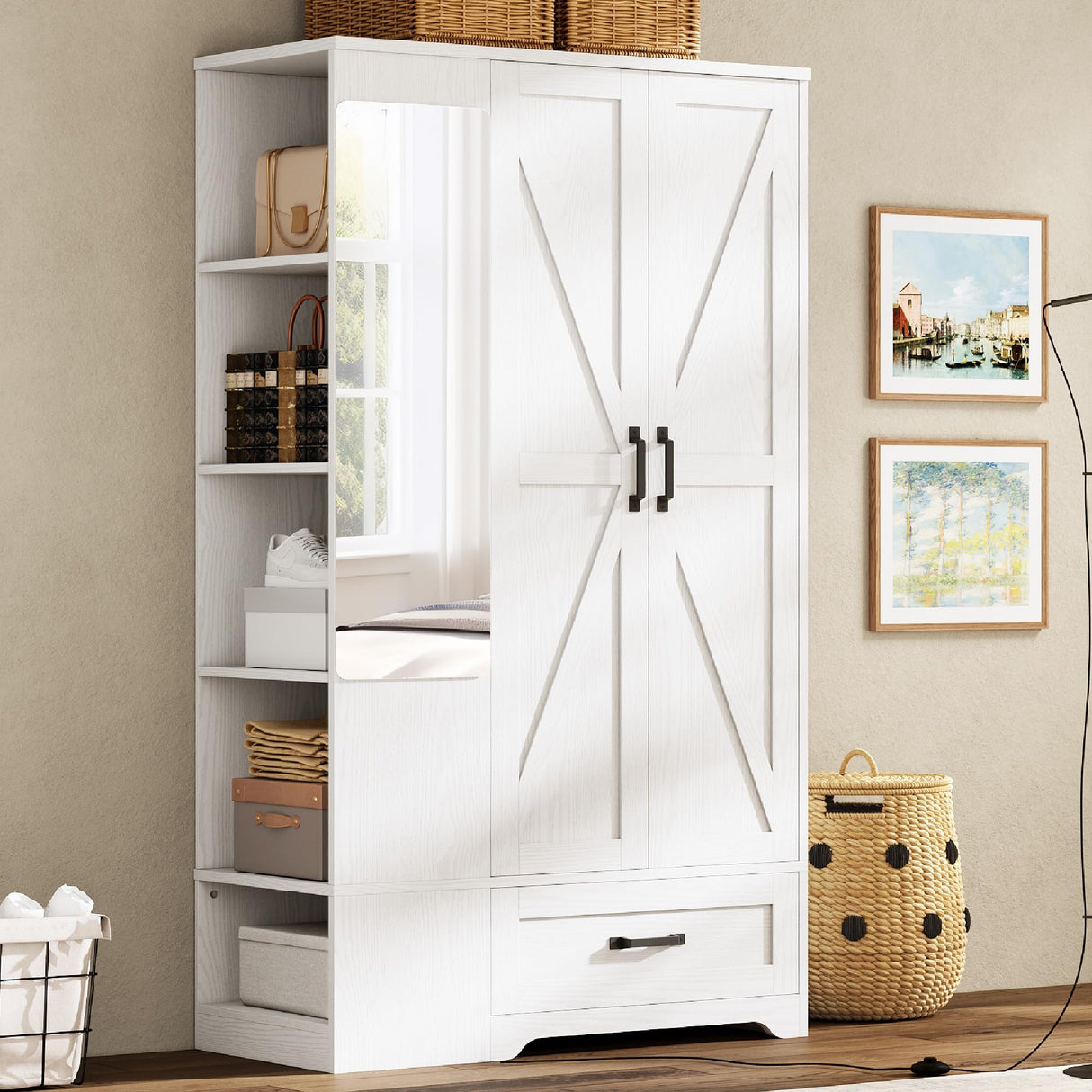 LIKIMIO Armoire Wardrobe Closet 70 Inches, Large Storage with Mirror, 2 Doors, Drawer, and Shelves, Modern Bedroom Freestanding Wooden Wardrobe Combination with Hanging Rail, White LIKIMIO