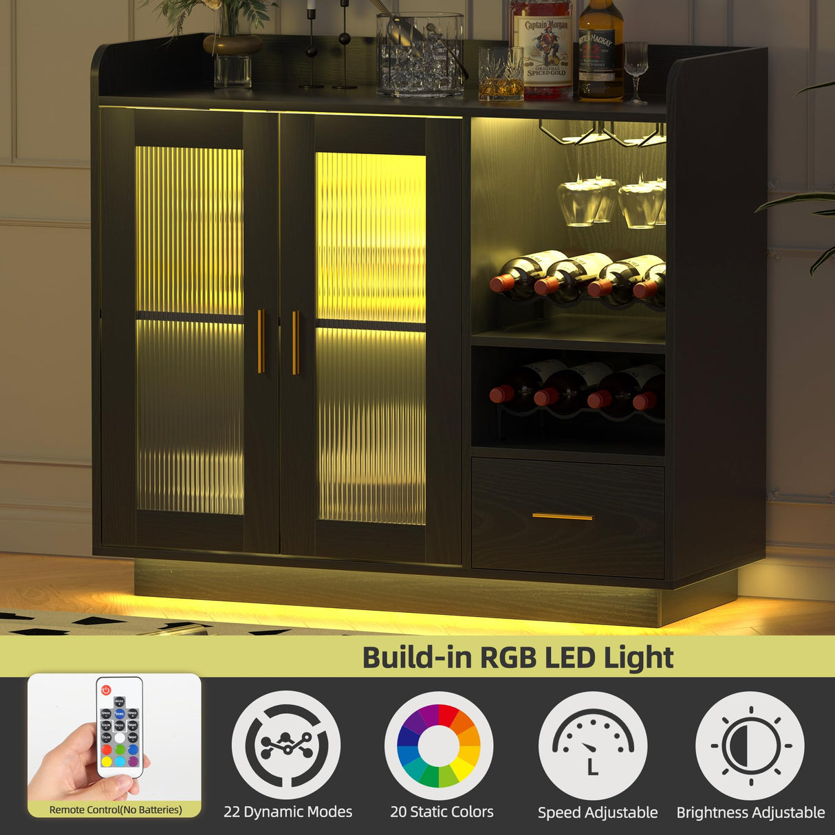 Wine Bar Cabinet with LED Light, Floating Coffee Cabinet with Wine and Glass Rack, Kitchen Buffet Sideboard with Glass Doors and Drawer, Modern Liquor Cabinet for home, Kitchen, Living Room, Black SYESWAY