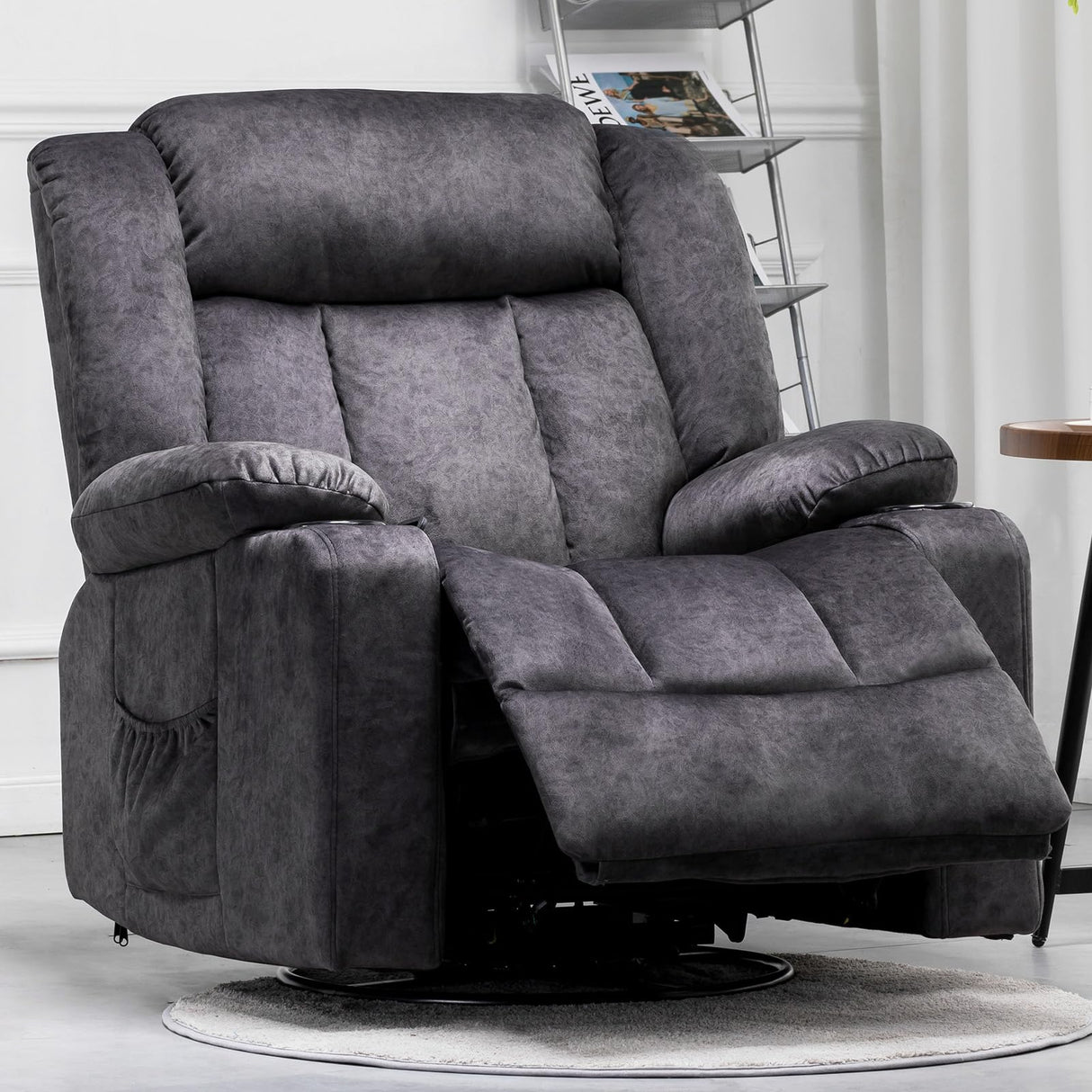 COMHOMA Recliner Chair,360° Swivel Rocker Glider Recliners with Cup Holders, Upholstered Fabric Rocking Chair for Adults,Manual Reclining Single Sofa for Living Room,Gray COMHOMA