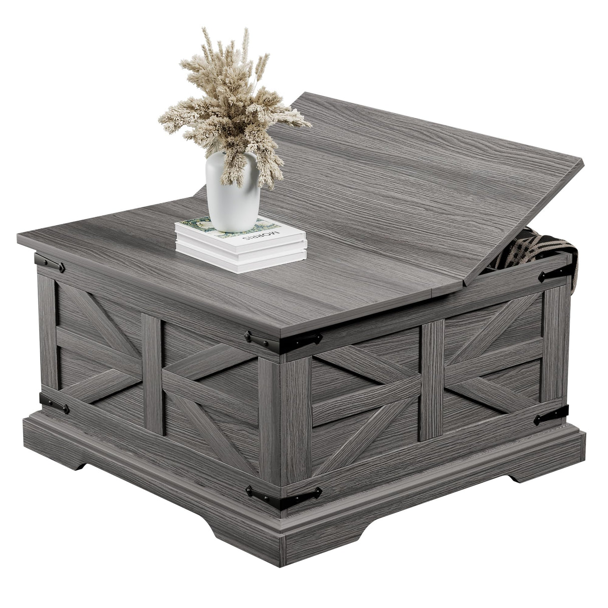 VVFLU Farmhouse Coffee Table with Storage, Square Center Table for Living Room, Rustic, Hinged Lift Top Soft Close, Wood, Large Hidden Storage, Modern, Metal Corner, Grey VVFLU