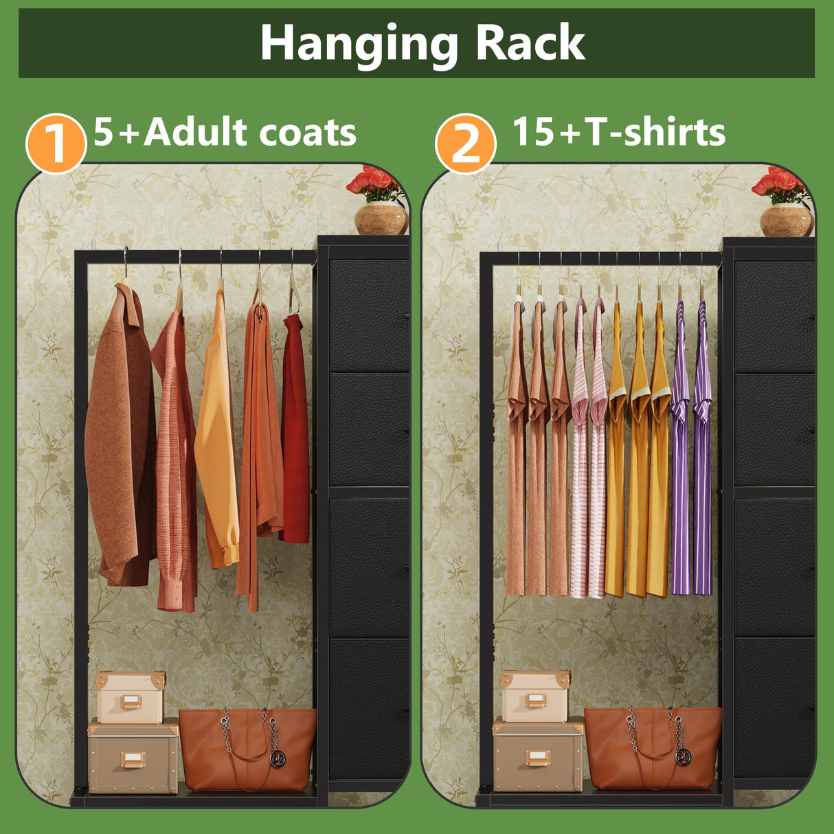 HIGDBFE Dresser with Hanging Rack, 4 Drawers Small Closet for Bedroom, Reversible Fabric Kids Chest of Drawers with Clothes Rack, Tall Storage Tower, Sturdy Frame, Black, 44''H HIGDBFE