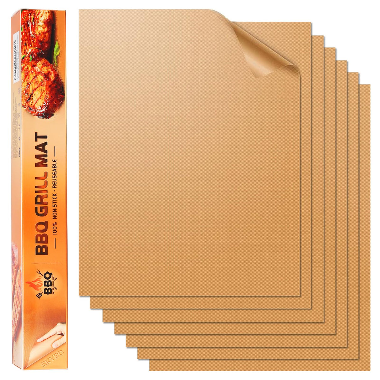 SKYBD Copper Grill Mats for Outdoor Grill(Set of 6), Nonstick & Easy to Clean BBQ Grilling Sheets, Reusable & Heavy Duty Mats Works on Outdoor Gas, Electric, Charcoal Grill SKYBD