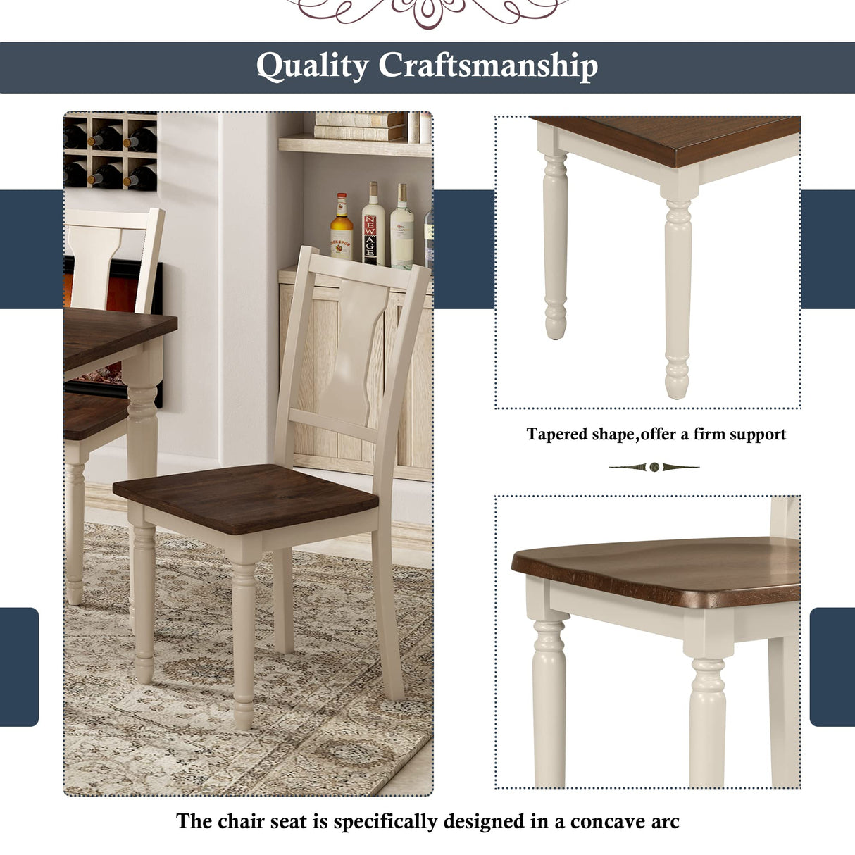 LUMISOL Farmhouse Style 6 Piece Dining Table Set with Bench Includes 60" Rectangular Kitchen Table, 4 Chairs & Bench, Brown+Cottage White LUMISOL