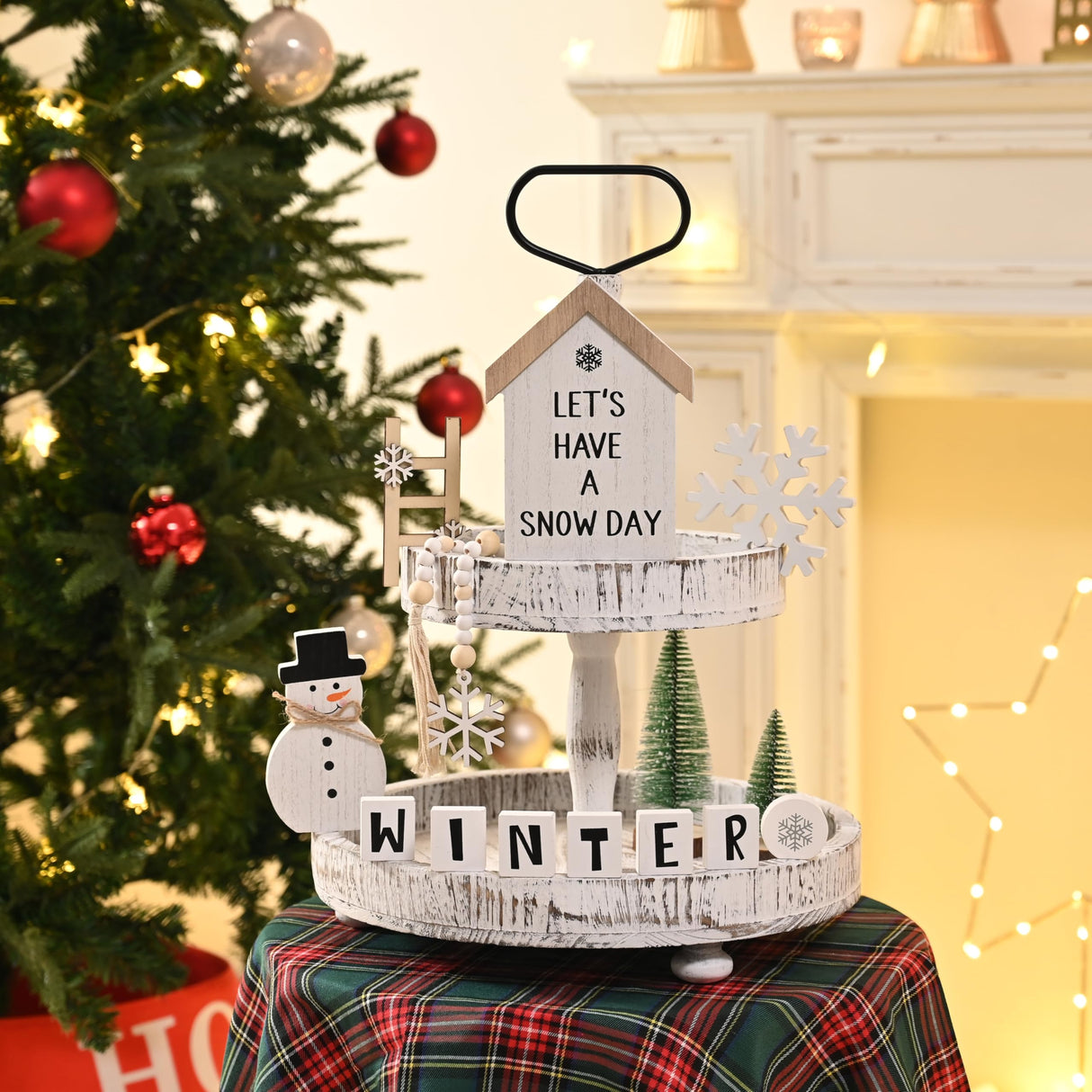 FESTGLOX 14Pcs Winter Christmas Tiered Tray Decor, Snowman Wood Signs Set for Tiered Tray, Small Rustic Winter Snowman Signs and Christmas Tree for Home Table Decoration (Tray Not Included) FESTGLOX
