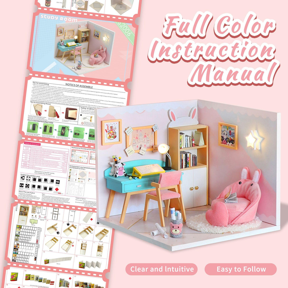 Kisoy Dollhouse Miniature with Furniture Kit, DIY 3D Wooden DIY House Kit A Corner of a Small Apartment Style with Dust Cover & LED,Handmade Tiny House Toys for Kids Adults Gift (Study Room) Kisoy