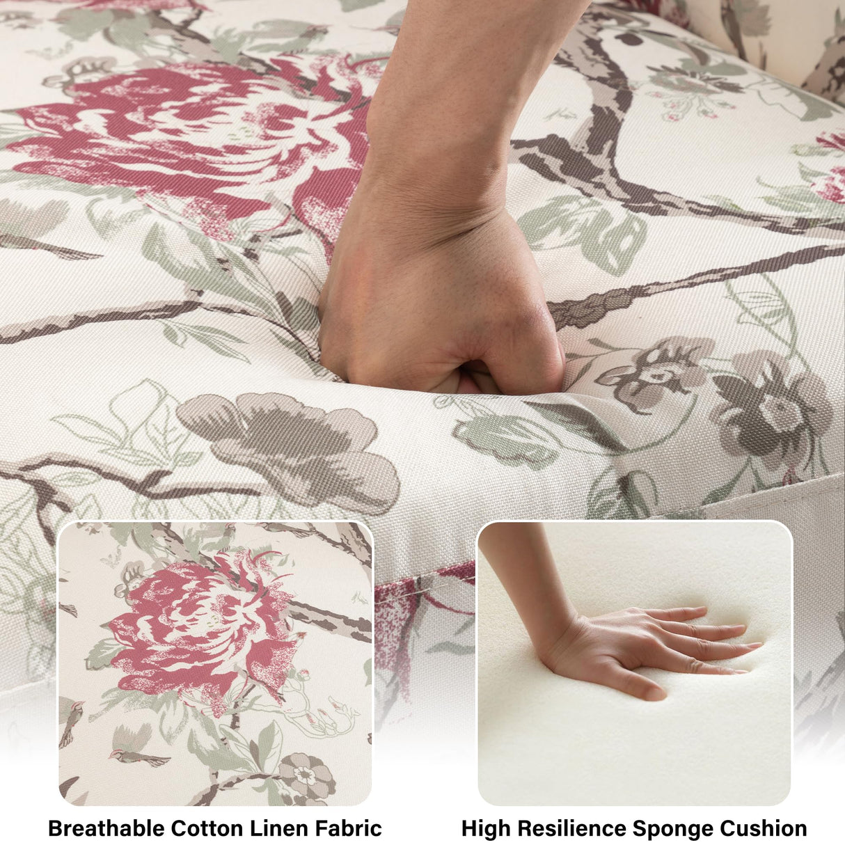 Pushback Recliner Chair Set of 2, Floral Fabric Wingback Recliner Chair, Upholstered Armchair Push Back Recliner, Rivet Trim Single Sofa Accent Chair with Wood Legs for Living Room, Plants Floral Lumibee