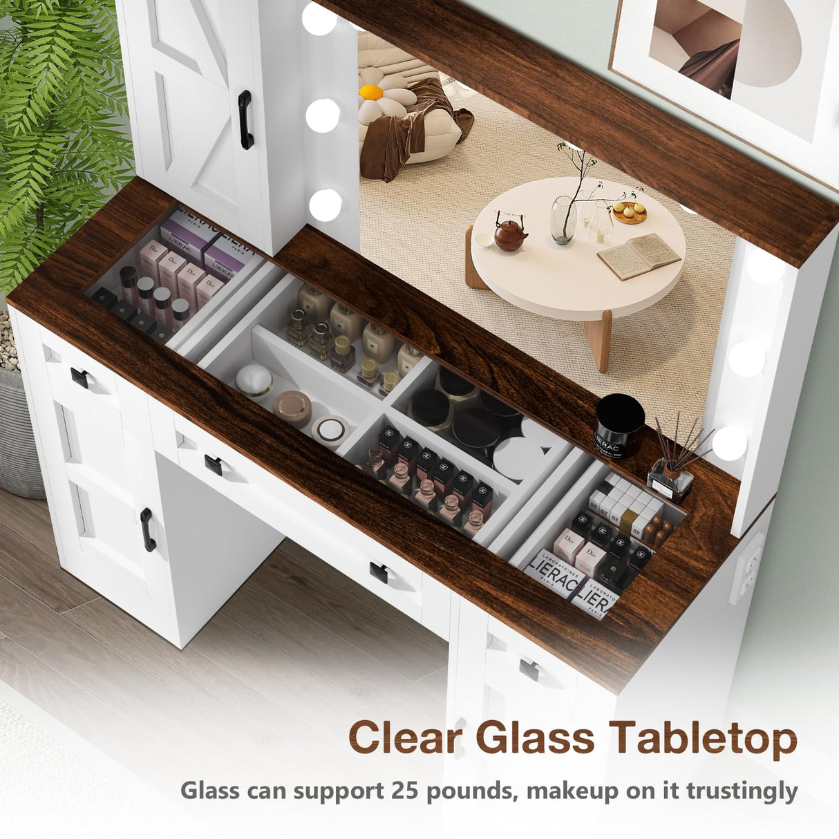 CUOZOVA Farmhouse Vanity Desk with Mirror and Lights, Glass Tabletop Vanity with Charging Station,Vanity Table with 3 Drawers & 3 Cabinets, White Rustic Makeup Vanity for Bedroom CUOZOVA