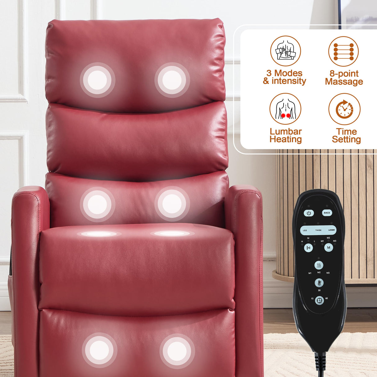Manual Swivel Rocker Recliner Chair with Massage, Overstuffed Recliner Glider with Vibration Massage and Heat for Nursery, Living Room Reclining Sofa Chair, PU Leather Red Luxlen