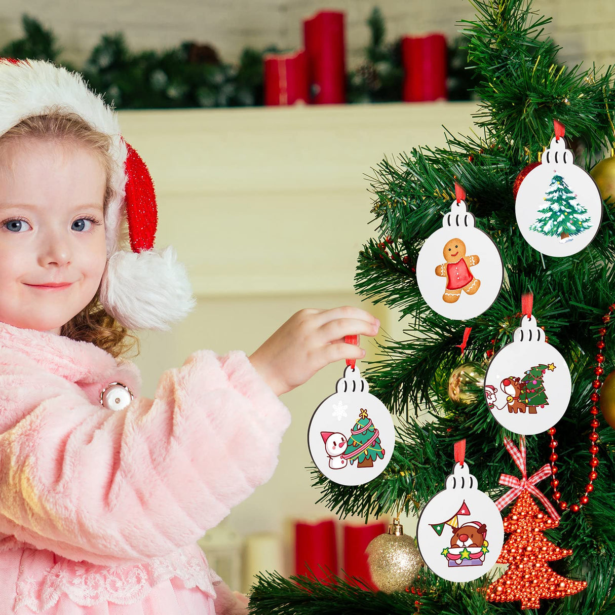 Jetec Christmas Sublimation Blank Pendants Double Side MDF Personalized Blank Bulk Heat Transfer Blank Hanging Pendant White Sublimation Ornament with Red Ribbon for DIY (72 Pcs,3.5 x 2.9 x 0.1 Inch) Jetec