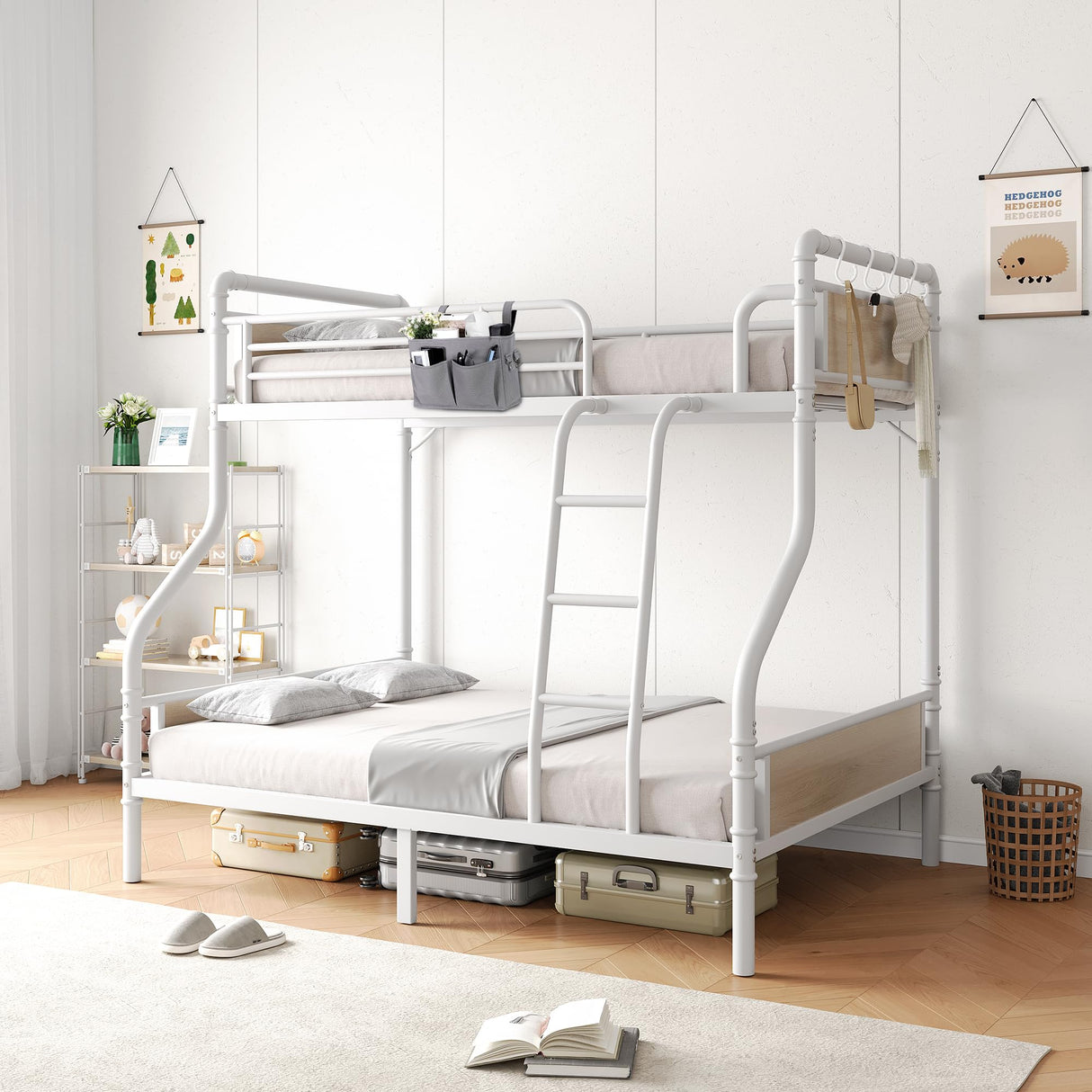 Jocoevol Bunk Bed Twin Over Full, Heavy Duty Metal Bunkbeds with Ladder and Full-Length Guardrail, Convertible into 2 Individual Beds for Kids, Teens and Adults, Under-Bed Storage Space, White Jocoevol