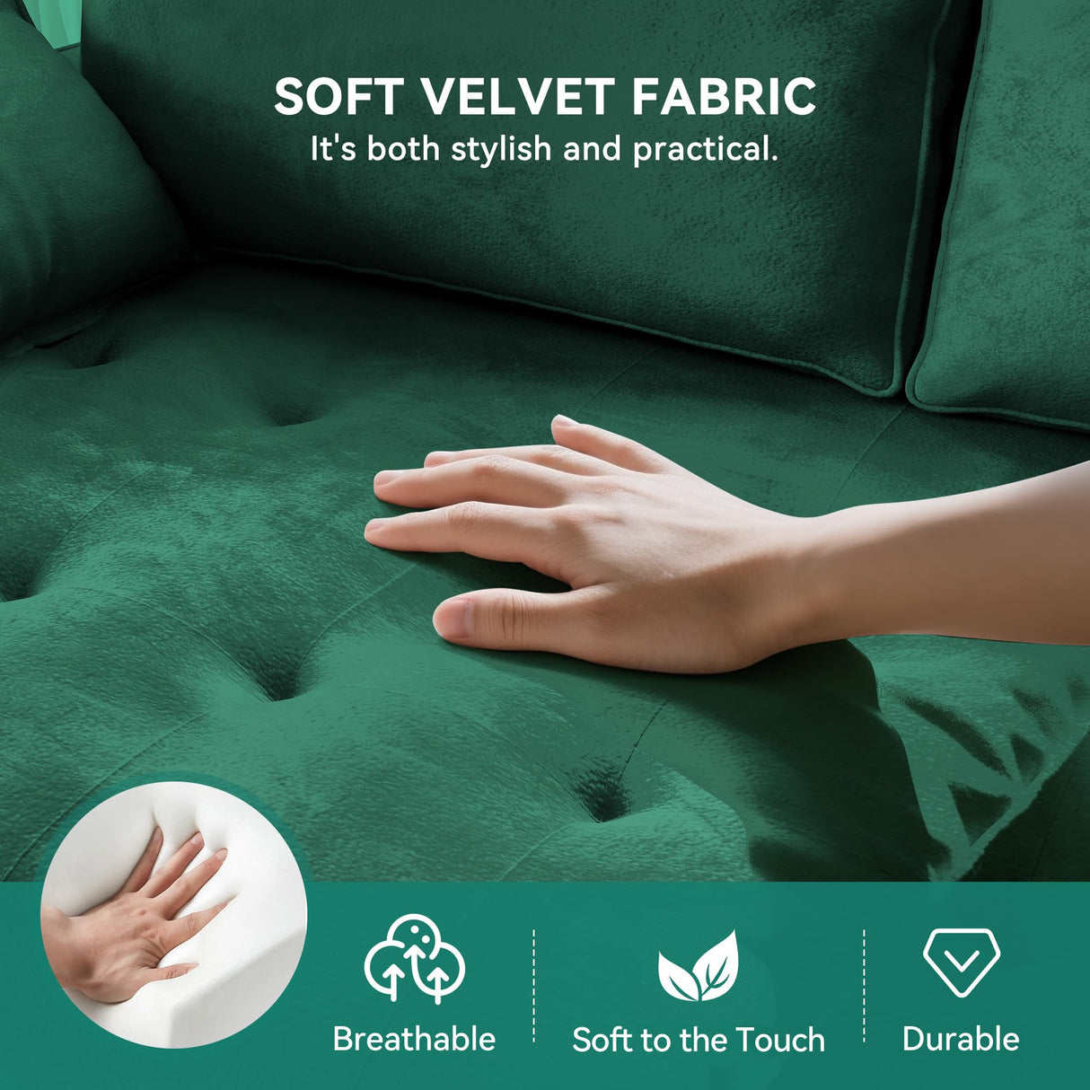 DWVO 68" Loveseat Sofa, Velvet Fabric Sofa Couch for Small Space, Modern Loveseat with Button Tufted Seat and Side Storage Pockect, 3 Seater Couch for Living Room Bedroom, 2 Pillows Included, Green DWVO