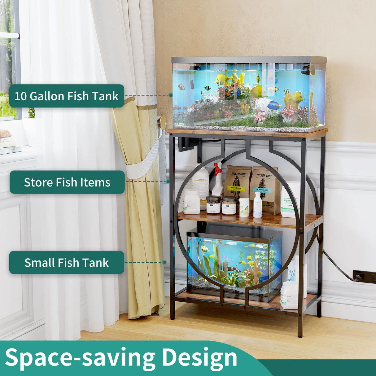 HavenlyYouth 10 Gallon Aquarium Stand with Power Outlet, 3 Tier Heavy Duty Metal Fish Tank Stand with Storage, Fish Tank Table for Home Office, 21.3" x 11.8" x 29", Rustic Brown HavenlyYouth