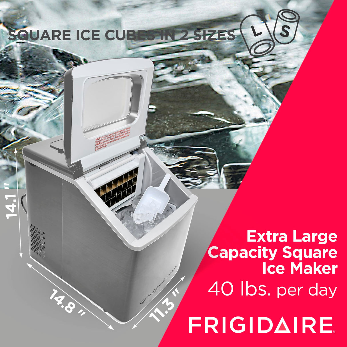 FRIGIDAIRE EFIC452-SS 40 Lbs Extra Large Clear Maker, Stainless Steel, Makes Square Ice Frigidaire