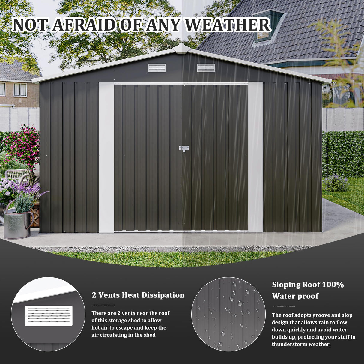 YOPTO 10x14 FT Outdoor Storage Shed, Extra Large Metal Garden Shed with Waterproof Roof, 4 Vents and 3 Lockable Doors,All-Weather Tool Shed Storage House for Backyard, Patio, Lawn,Dark Grey YOPTO