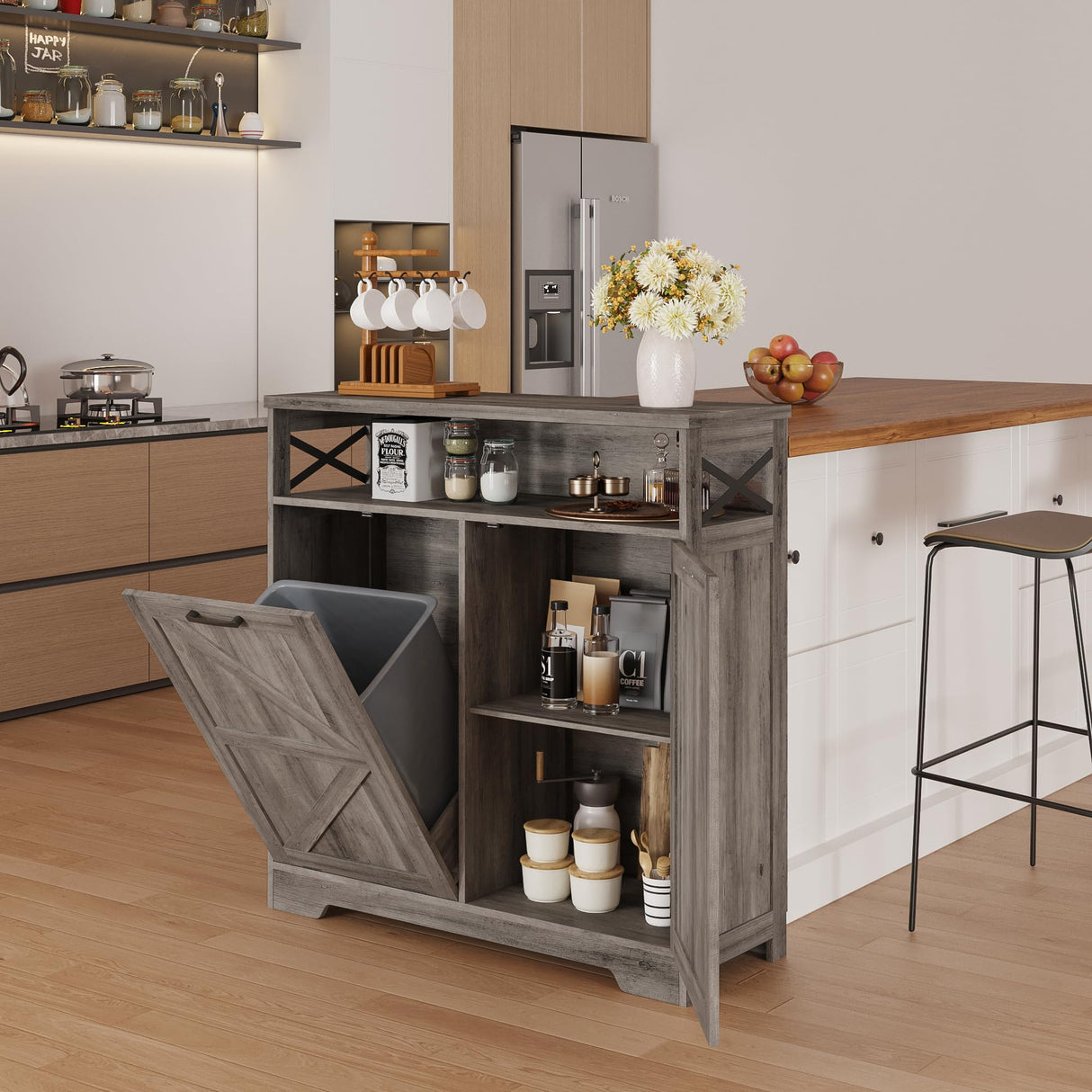 Befrases Tilt Out Trash Can Cabinet for 13 * 1 Gallon Trash Can, Farmhouse Kitchen Island Cabinet with Adjustable Shelf for Hidden Laundry Basket, Dog Proof Garbage Can for Dining Living Room, Grey Befrases