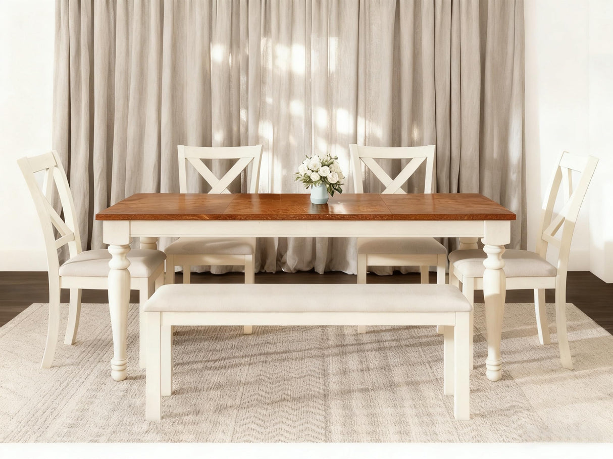 PLAUIN 6-Piece Farmhouse Dining Table Set - Solid Wood Table, 4 Chairs & Bench, Ergonomic, 71" Solid Wood Table, Table & Chair Sets for Dining Room, Kitchen, Living Room, Office PLAUIN