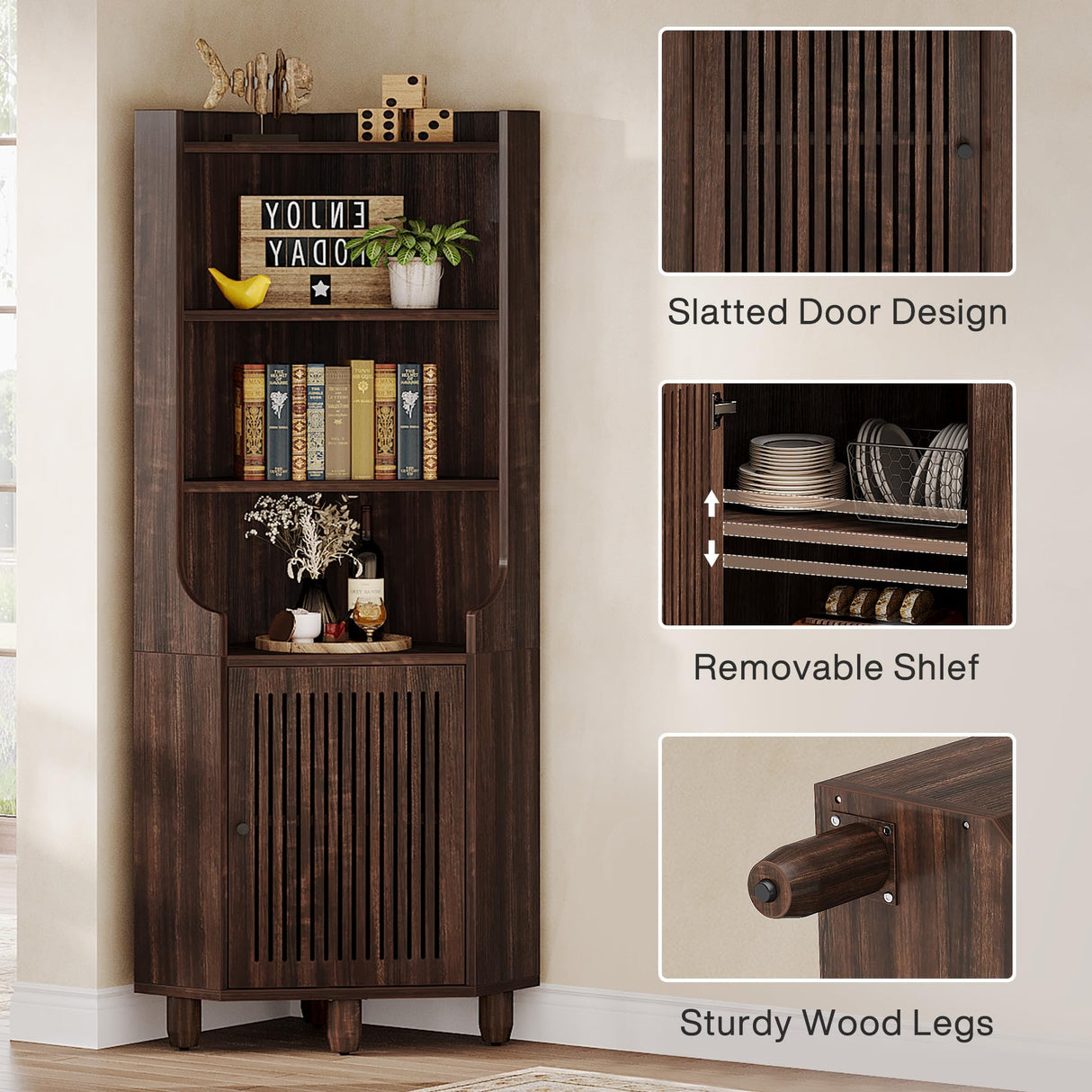 Tribesigns 68-Inch Tall Corner Cabinet, Farmhouse Corner Cabinet with Doors, 6-Tier Storage Cabinet with Removable Shelf for Living Room, Kitchen, Bathroom, Brown Tribesigns
