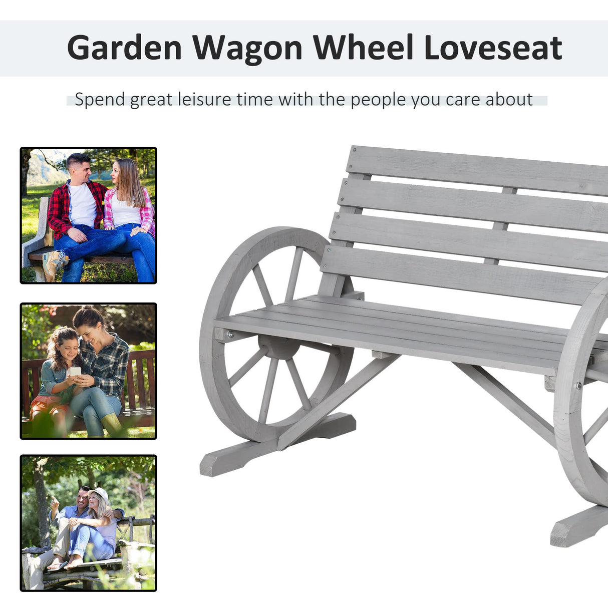 Rustic Charcoal Grey Wooden Wagon Wheel Bench for Outdoor Comfort Outsunny