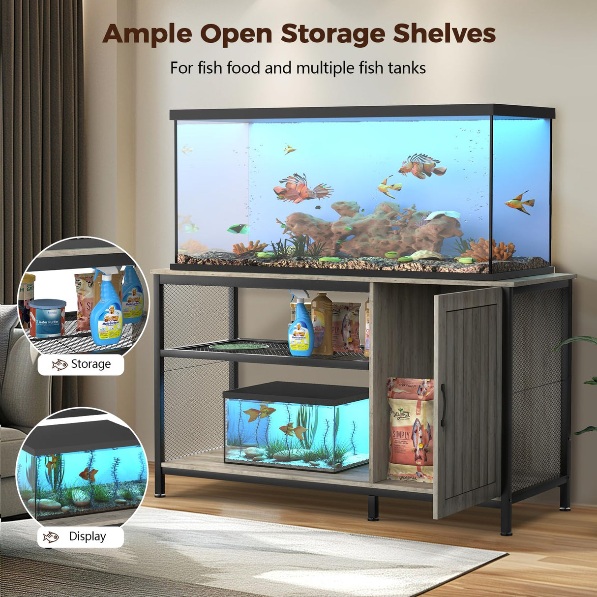 Tatub 55-90 Gallon Fish Tank Stand Large Aquarium Stand with Accessories Storage Cabinet, Heavy Duty Metal Fish Tank Cabinet Suitable for Turtle Tank, Reptile Terrarium, 1000LBS Capacity, Wood Tatub