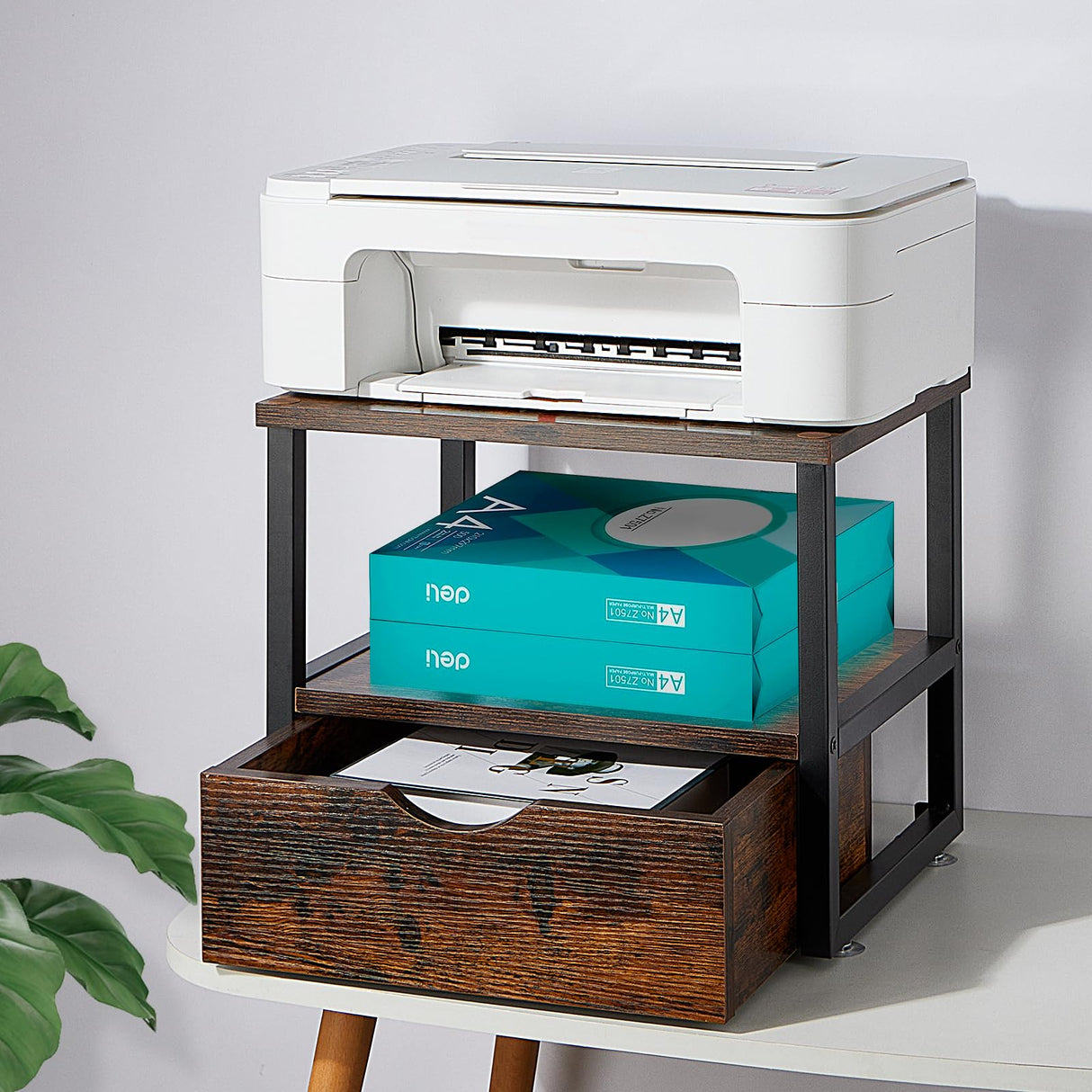 jarrvz Modern 2 Tier Printer Stand Retro Brown Printer Desk with Sliding Storage Drawer Printer Stand Rolling Cart Rack for Fax Machine, Scanner Office and Home Storage Rack, Retro Brown jarrvz