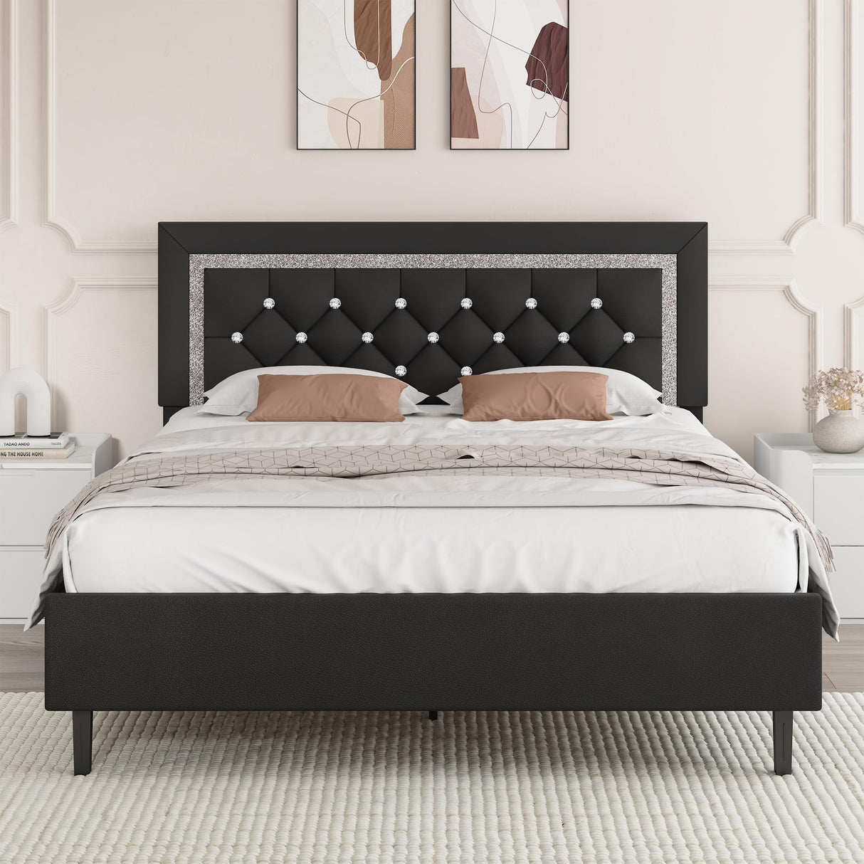 BarnFurin Queen Bed Frame with Tufted Button Headboard, Upholstered Platform Bed Frame with Diamond Design, Strong Wood Slat Support, No Box Spring Needed, Easy Assembly, Black BarnFurin