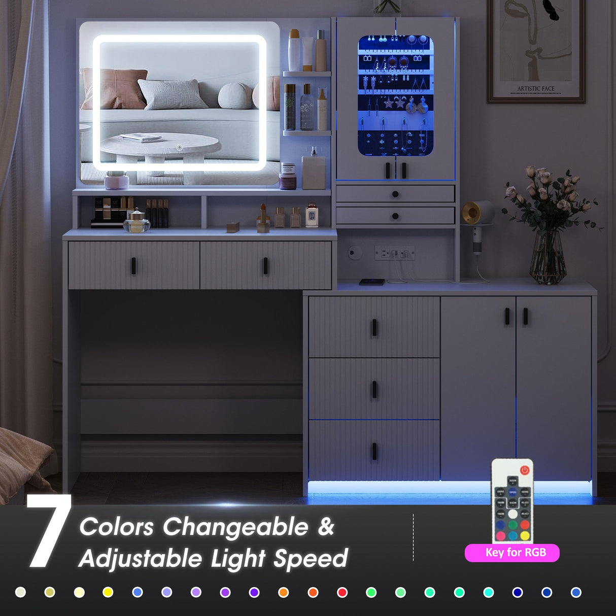 Vabches 57" Large Vanity Desk with Mirror and Lights,White Makeup Vanity Table with Jewelry Cabinet & 7 Drawers,Modern Dressing Table with Charing Sation & Shelves for Bedroom Vabches