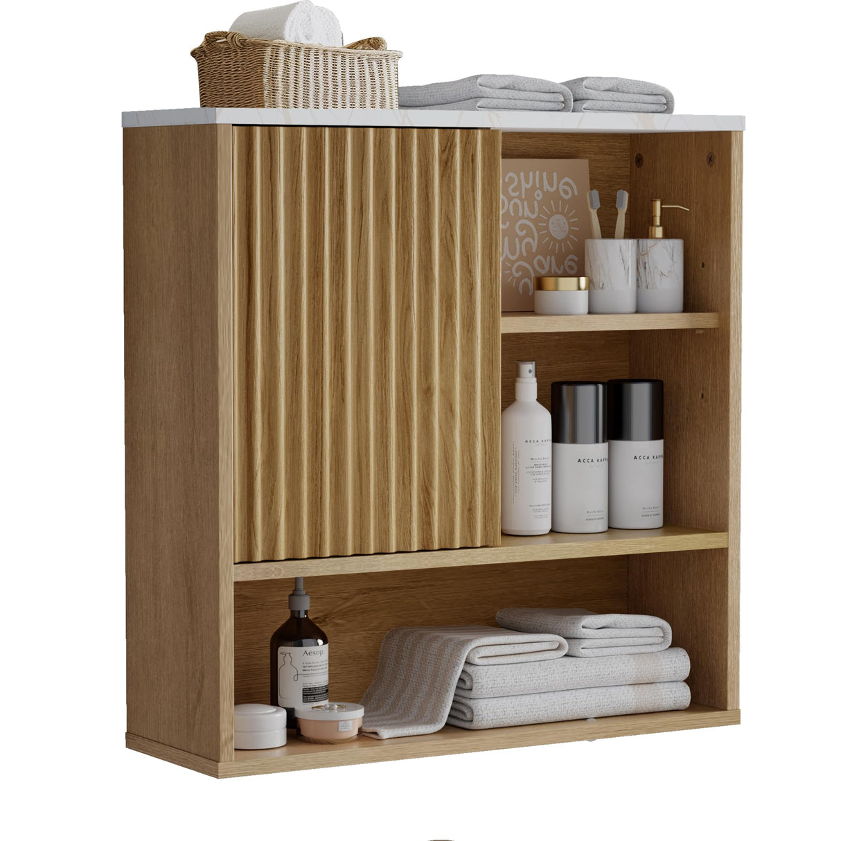 FerniTry Bathroom Cabinet Wall Mounted Fluted, Modern Medicine Cabinet Over The Toilet Storage Cabinet Faux Marble Top with Adjustable Shelf, Wood Wall Mounted Storage Cabinet Organizer(Natural Oak) FerniTry