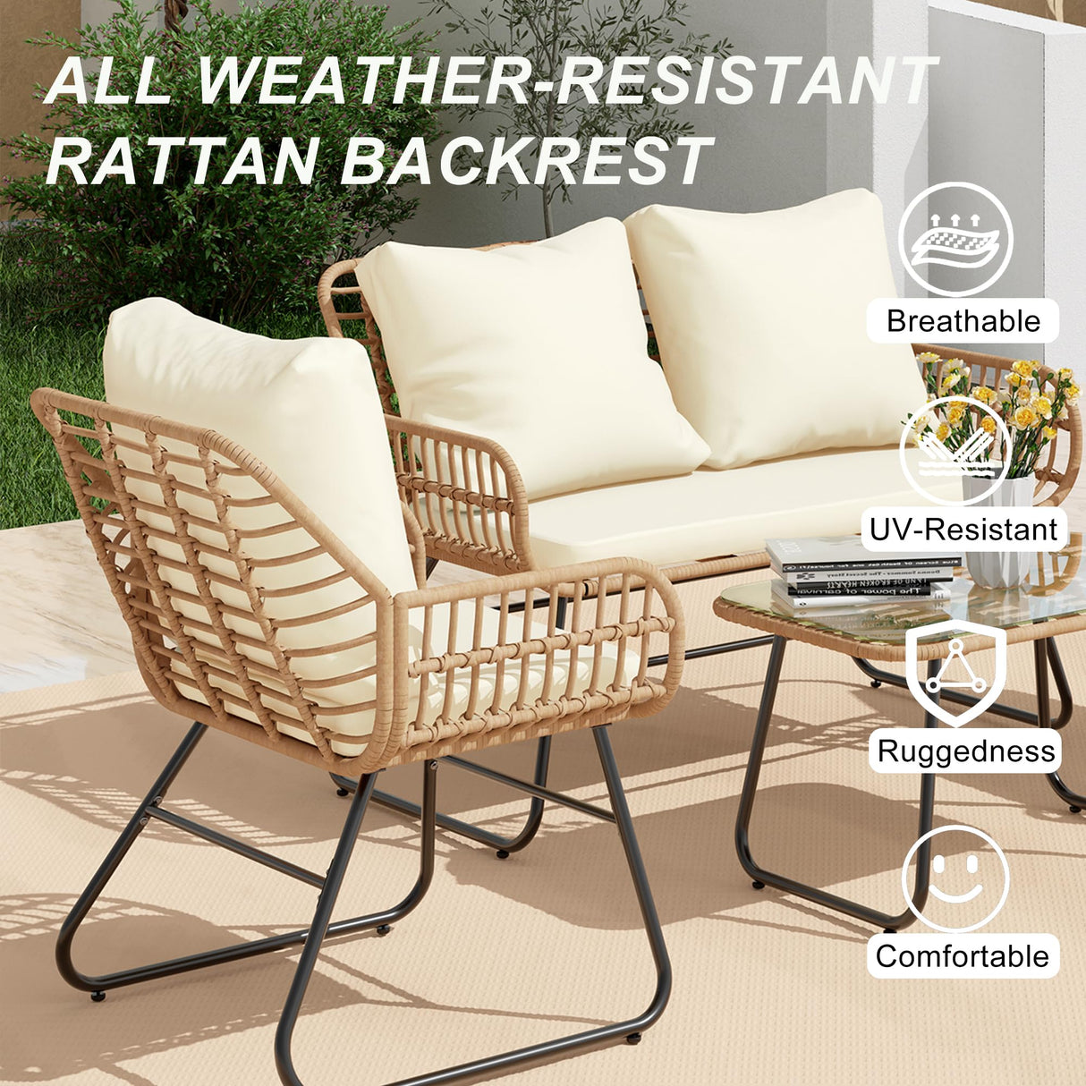 LEX CRAFT 4-Piece Outdoor Patio Furniture Set with Cushions & Tempered Glass Table, All-Weather Rattan Bistro Set with Loveseat Chairs Table Soft Cushions for Garden, Porch, Backyard (Beige) LEX CRAFT