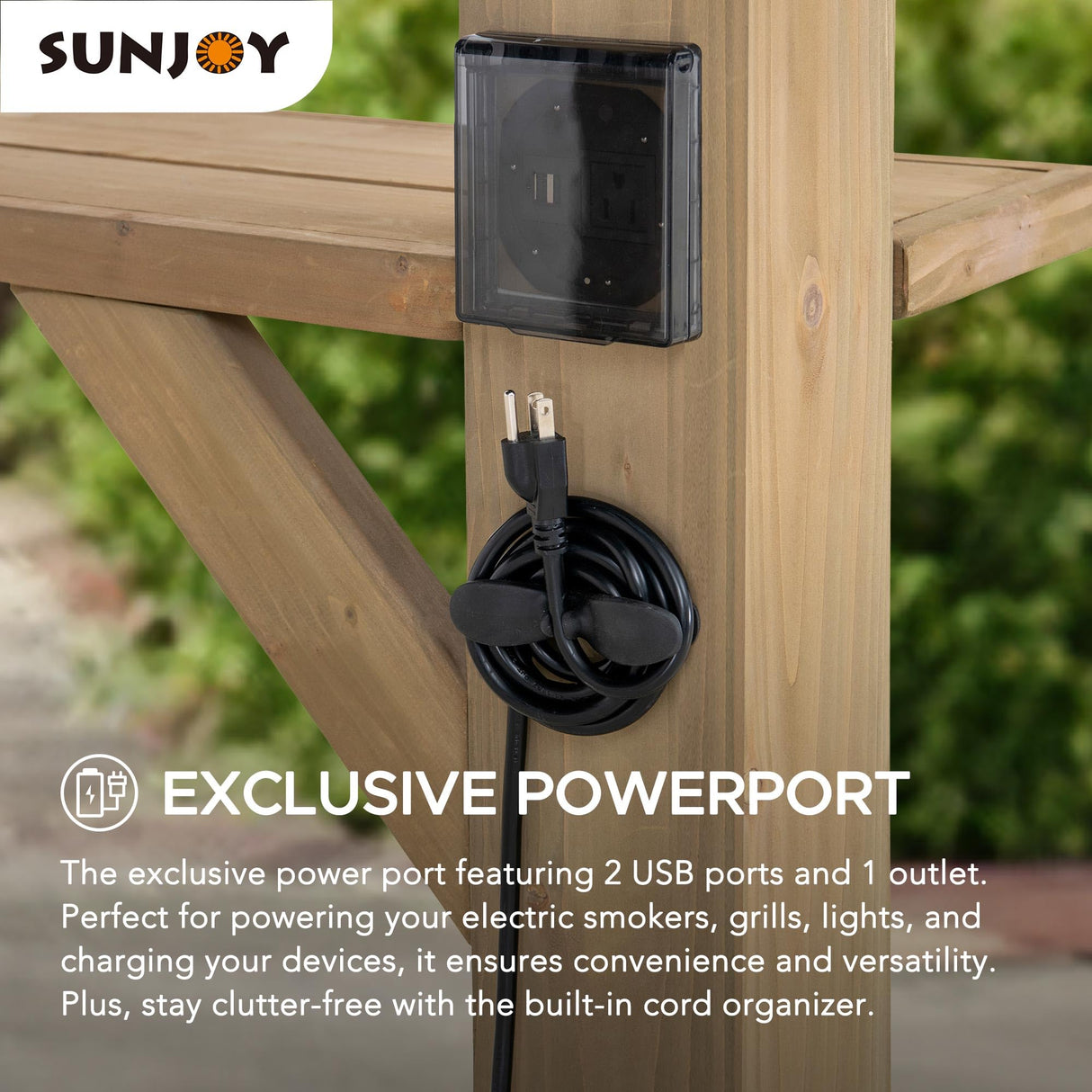 Sunjoy Wooden Grill Gazebo 10 ft. x 12 ft. Outdoor Cedar Frame BBQ Gazebo, Backyard Hot Tub Gazebo with Metal Hardtop Roof, Exclusive PowerPort and Bar Shelves Sunjoy