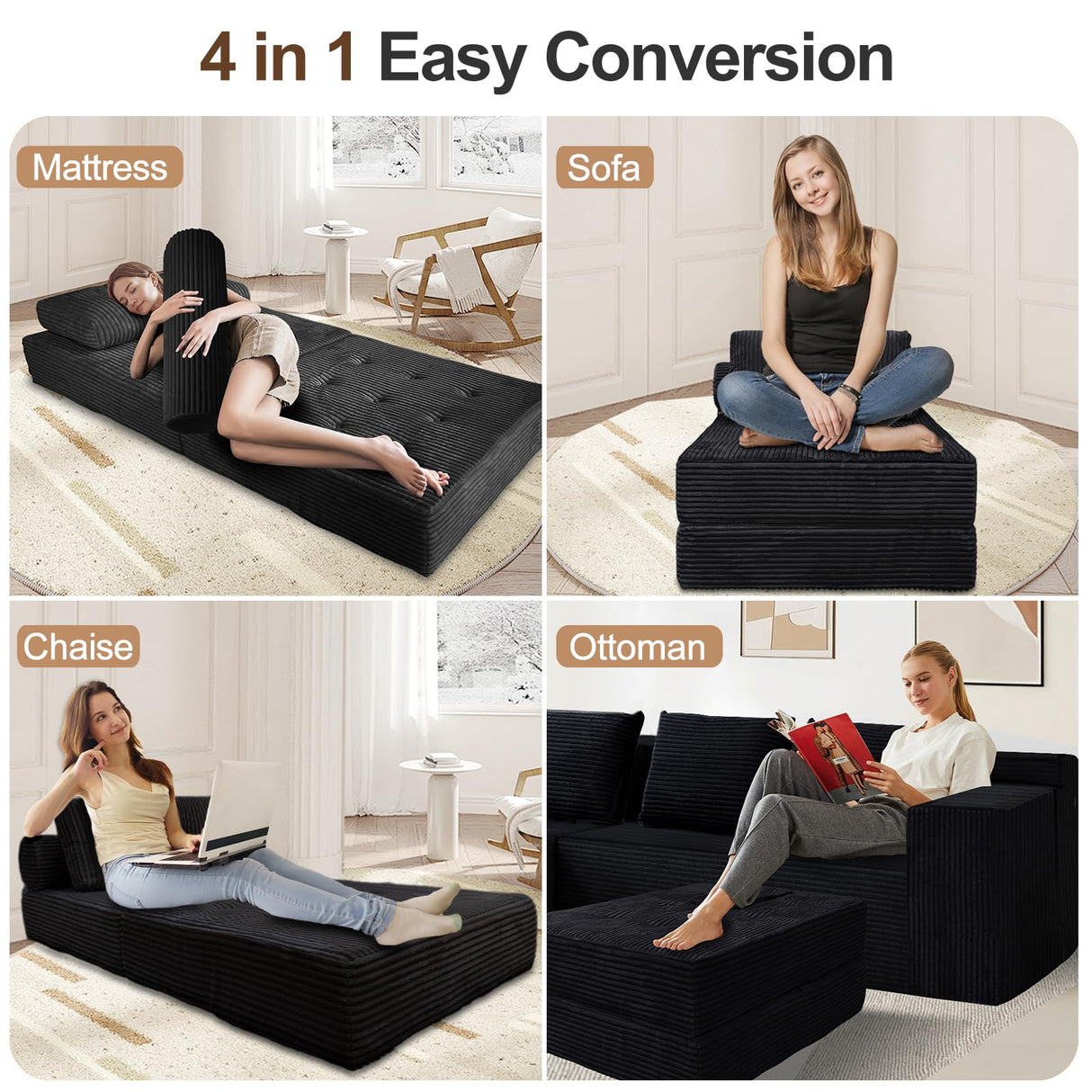 Nigoone Sofa Bed Futon, Versatile Foldable Sleeper Chair with Pillow, Supportive Memory Foam, Plush Corduroy Fabric, Cozy Floor Couch, Convertible Mattress for Bedroom/Living Room/Guest/Office, Black Nigoone