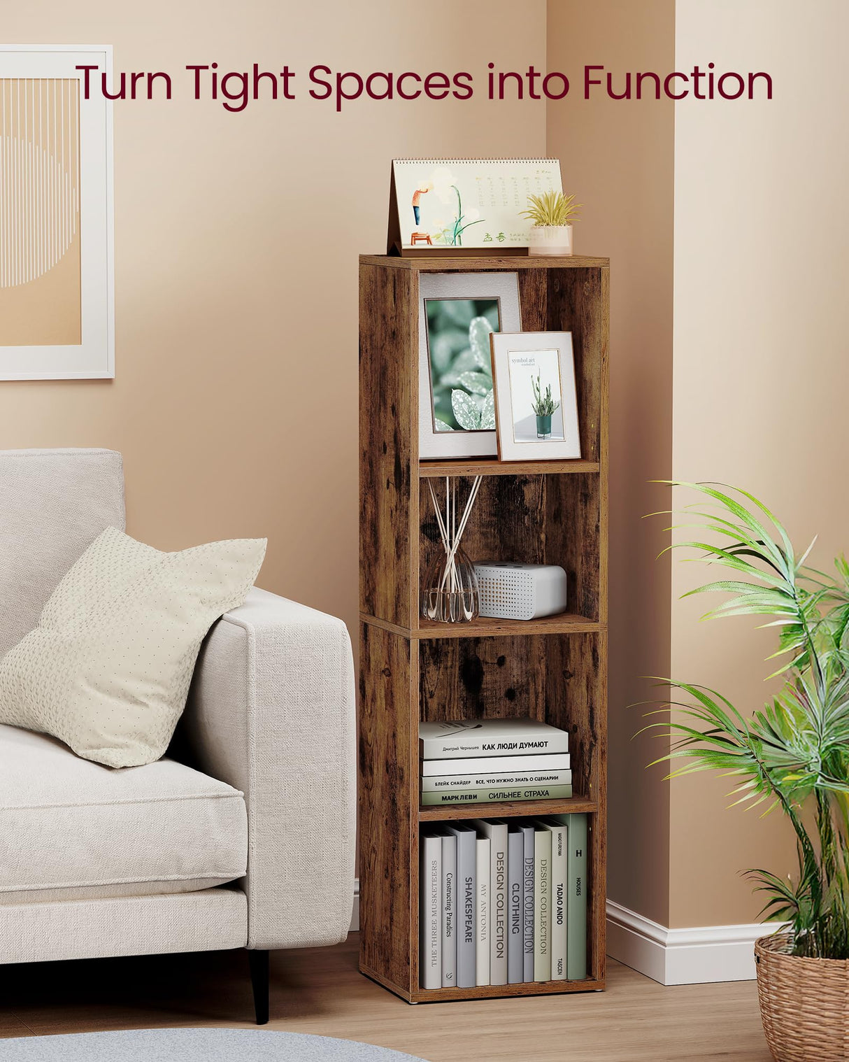 VASAGLE Custos Collection - Bookshelf, 4-Tier Bookcase, Book Shelf, Open Storage Shelf, 9.4 x 11.8 x 41.7 Inches, for Living Room, Home Office, Dining Room, Rustic Brown ULBC434K01 VASAGLE