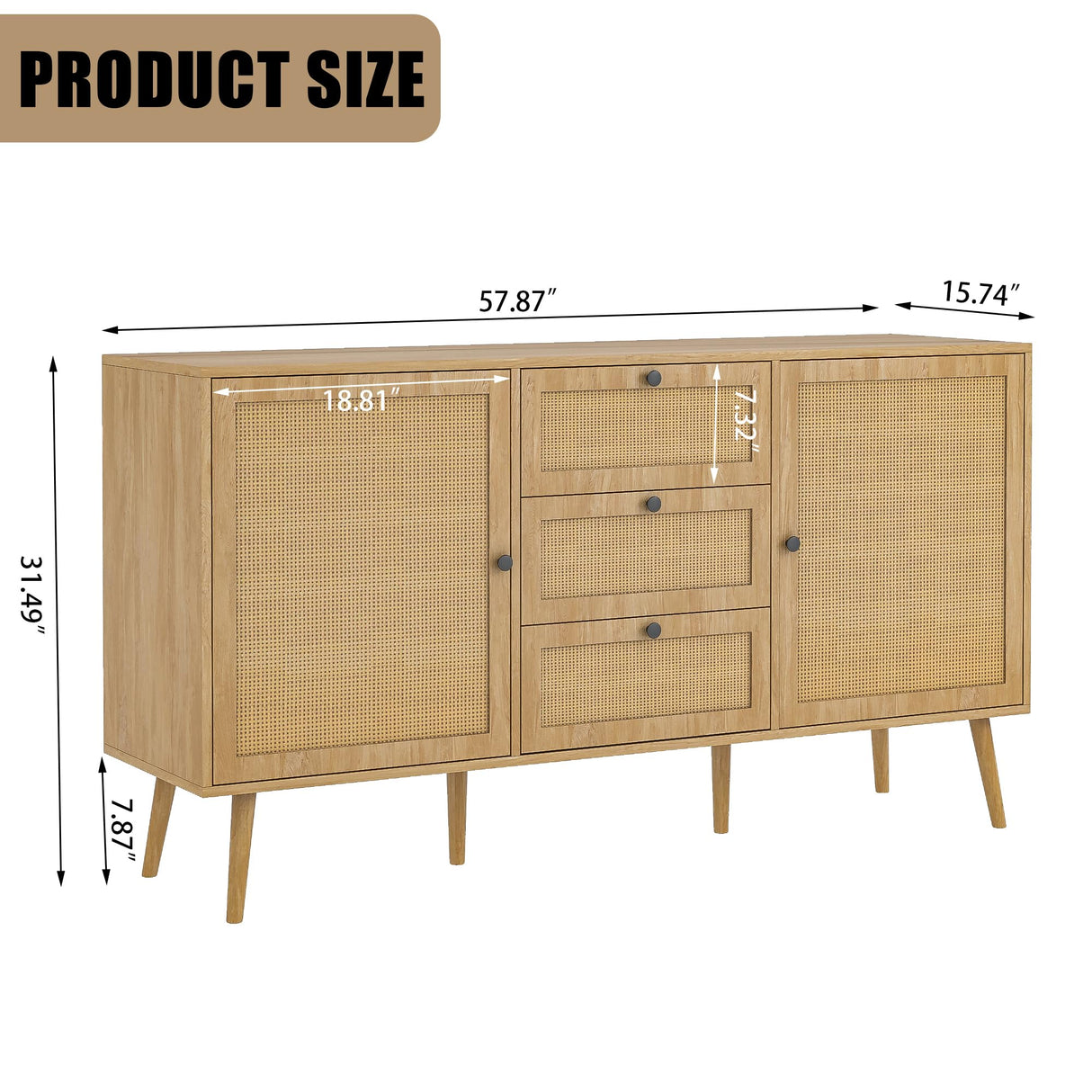 Oubayajia Rattan Sideboard Buffet Cabinet, 57.87" Rattan Accent Cabinet Storage Cabinet Console Table with 3 Drawers & 2 Doors and Adjustable Shelves for Kitchen, Dining Room, Living Room (Oak) Oubayajia